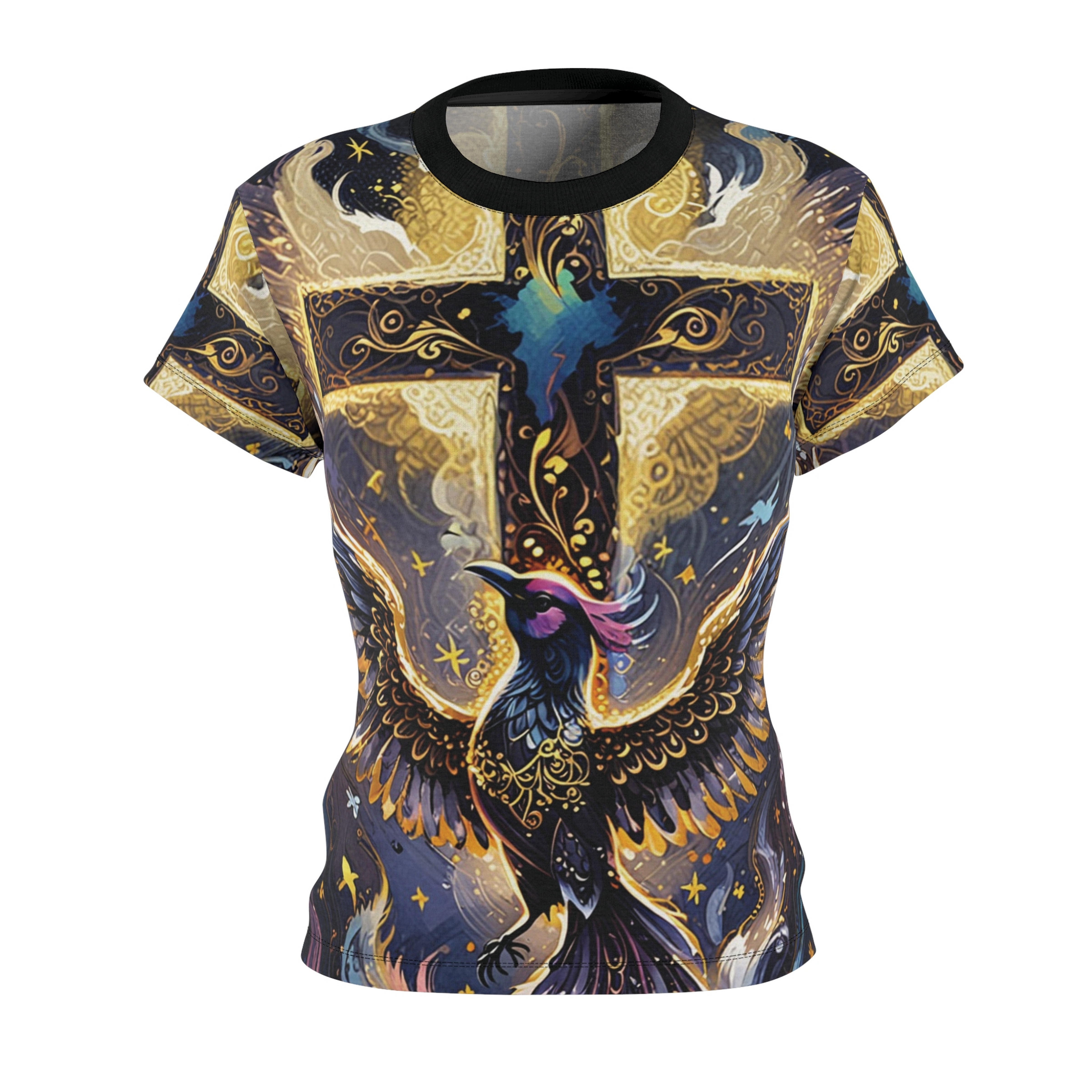 Phoenix and Cross All Over Print Tshirt Symbolizing the Resurrection a Rebirth and Rising Again. Suitable for men and women as a Christian inspirational gift, religious wear, or everyday style. product thumbnail image Phoenix and Cross All Over Print Tshirt Symbolizing the Resurrection a Rebirth and Rising Again. Suitable for men and women as a Christian inspirational gift, religious wear, or everyday style. product thumbnail image