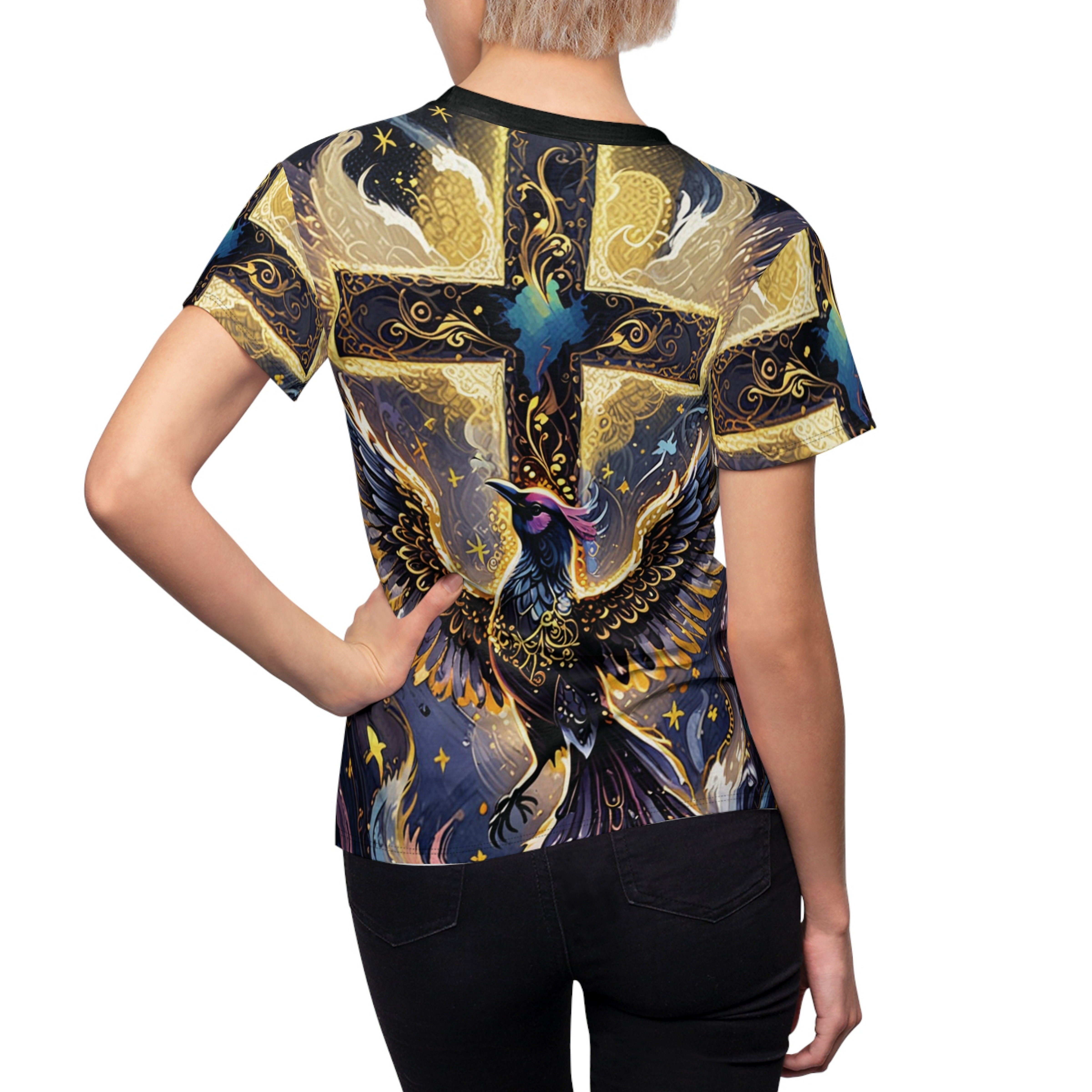 Phoenix and Cross All Over Print Tshirt Symbolizing the Resurrection a Rebirth and Rising Again. Suitable for men and women as a Christian inspirational gift, religious wear, or everyday style. product thumbnail image
