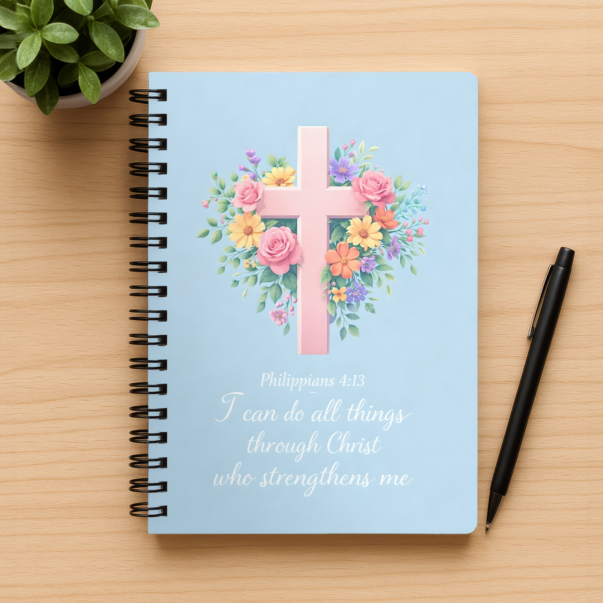 Christian Floral Cross Spiral Notebook "I can do all things through Christ" Ruled Journal product thumbnail image