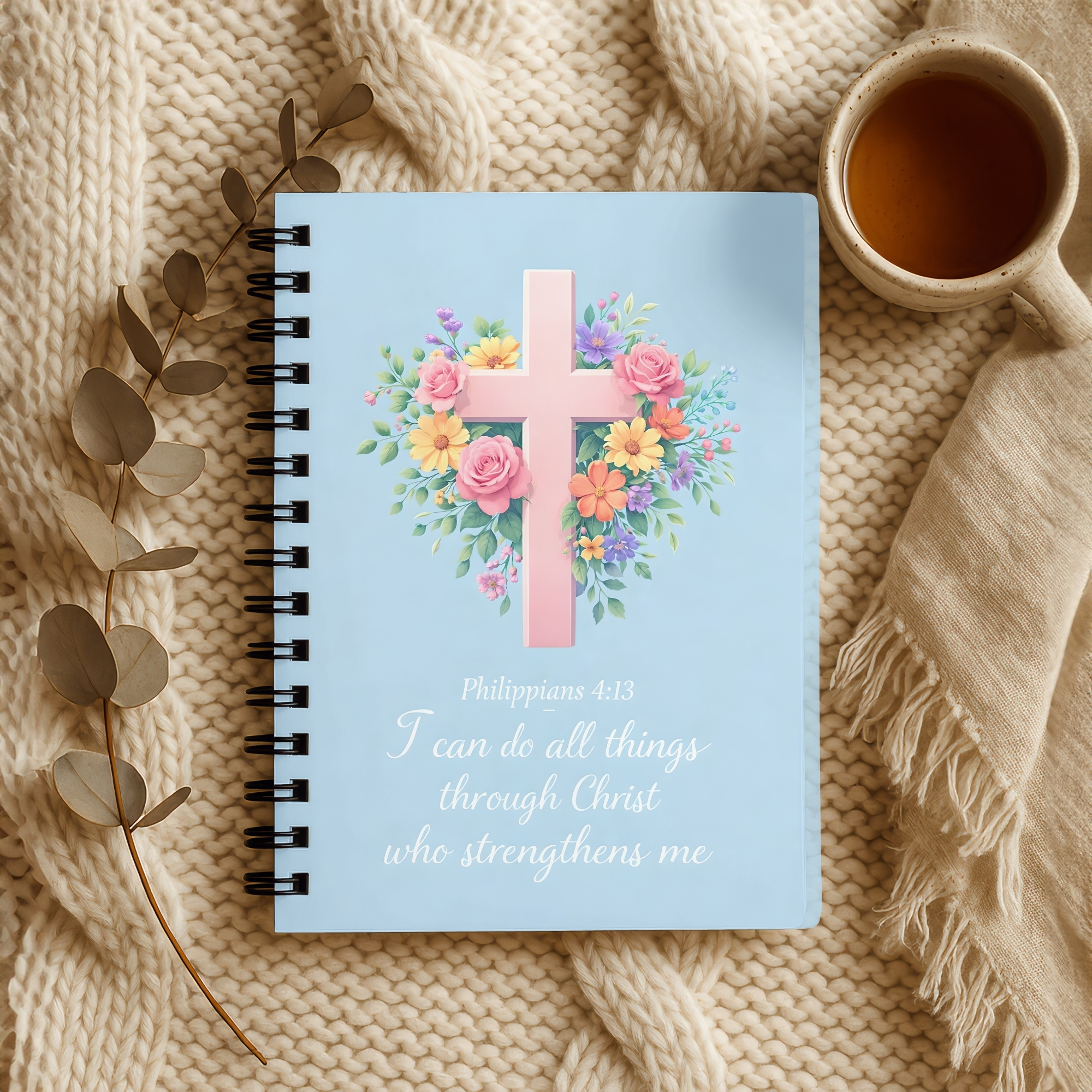 Christian Floral Cross Spiral Notebook "I can do all things through Christ" Ruled Journal product thumbnail image