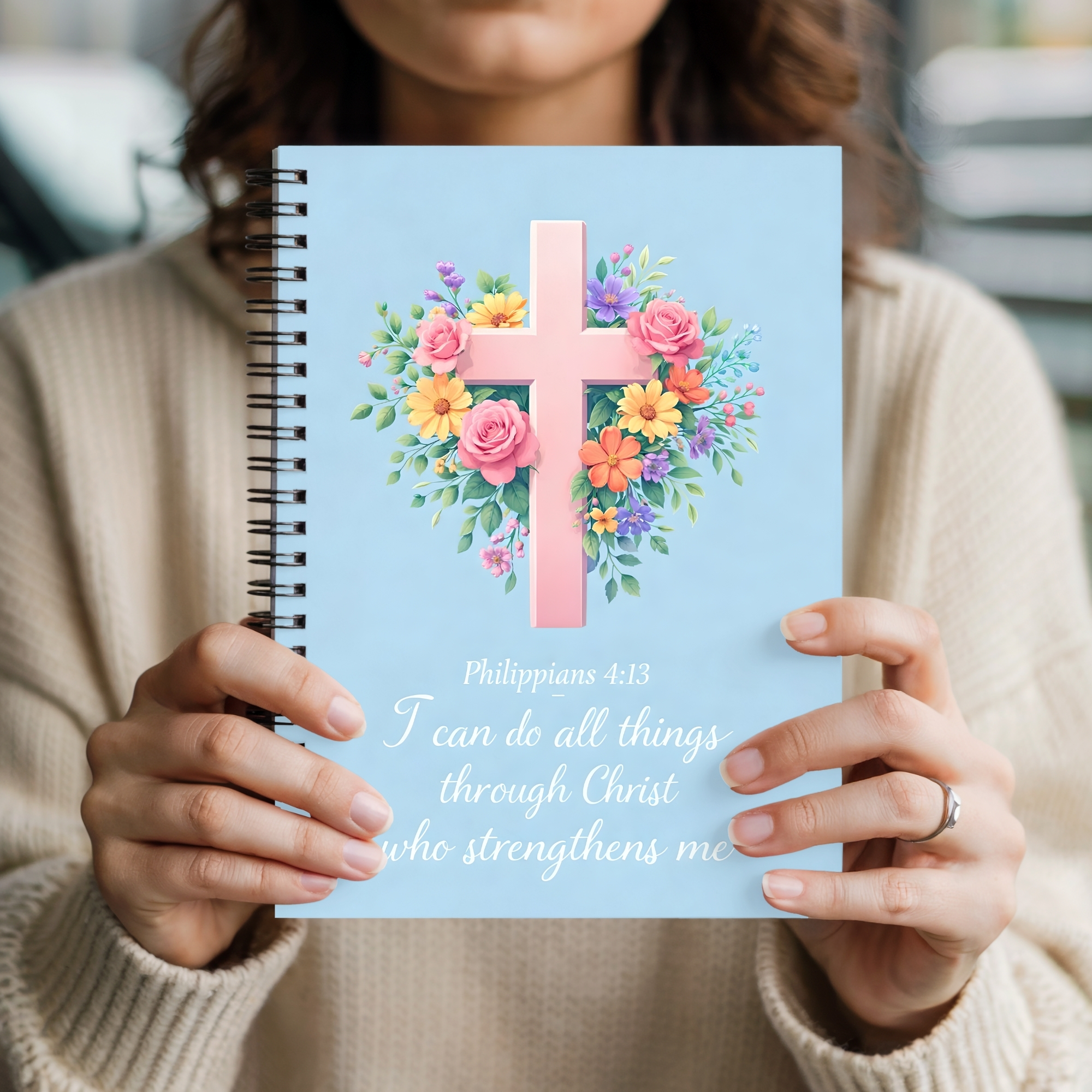 Christian Floral Cross Spiral Notebook "I can do all things through Christ" Ruled Journal product thumbnail image