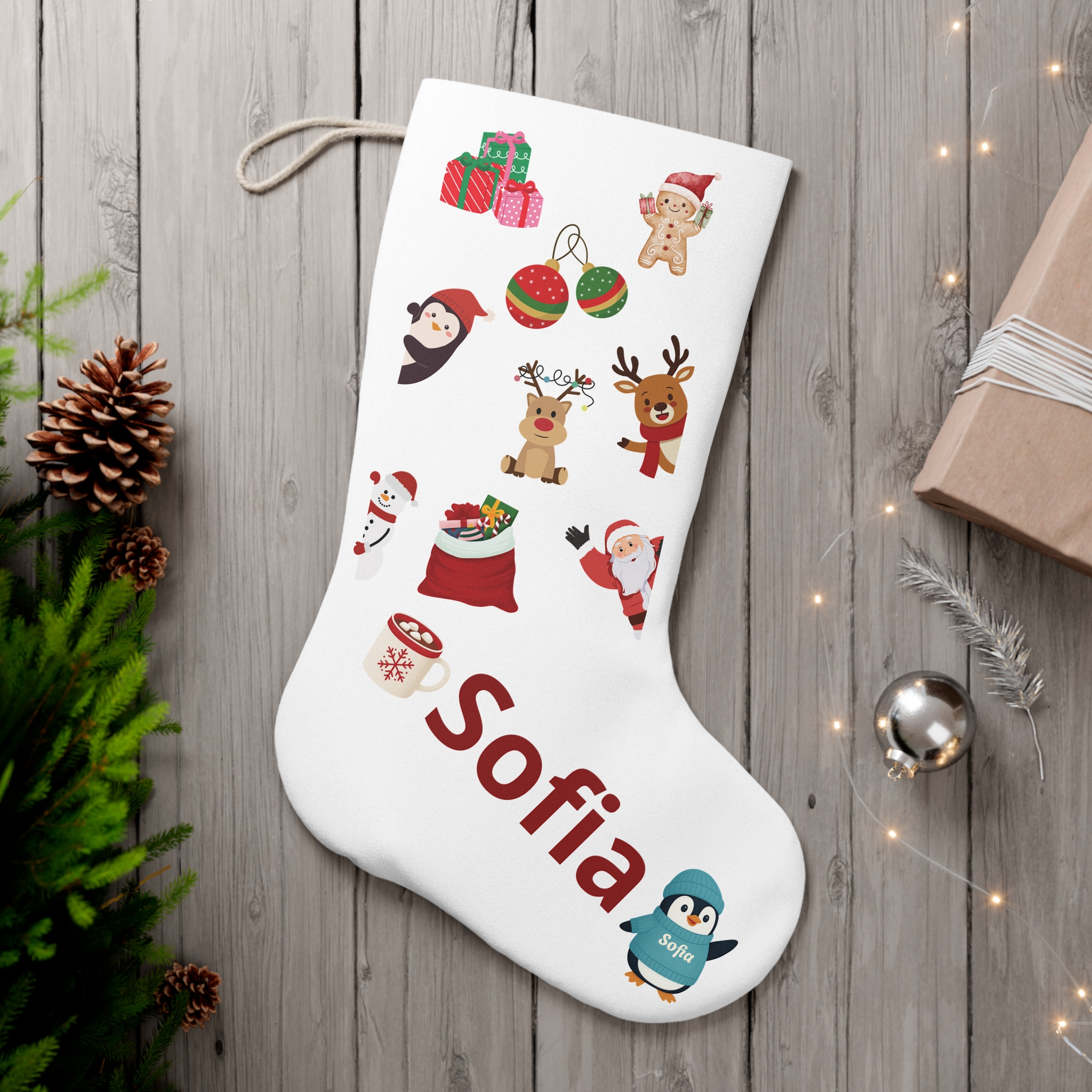 Personalized Kids Christmas Stocking — Flannel Penguin &amp; Holiday Icons, Custom Name product thumbnail image
