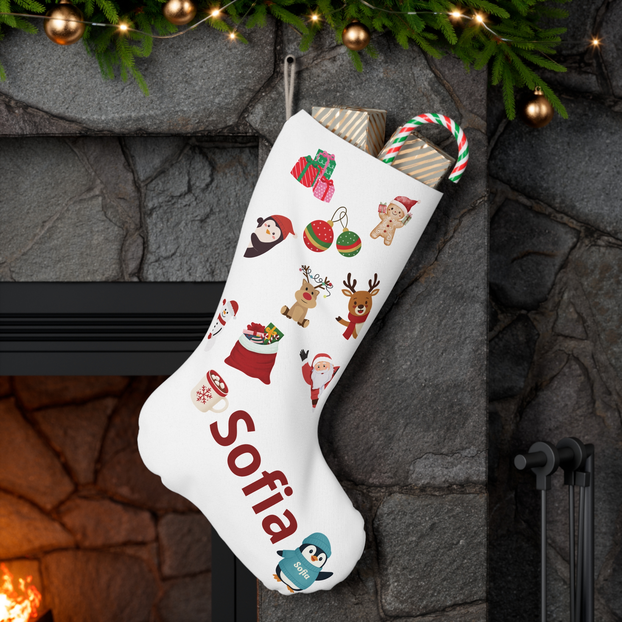 Personalized Kids Christmas Stocking — Flannel Penguin &amp; Holiday Icons, Custom Name product thumbnail image
