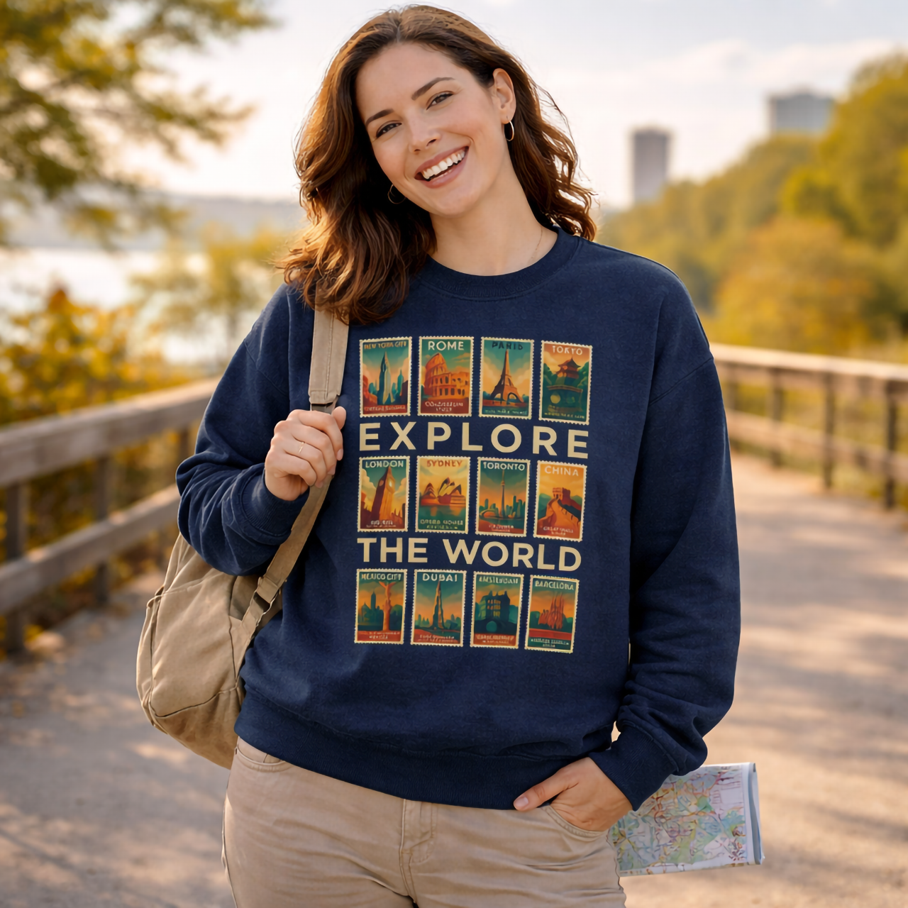 Explore the World Crewneck Sweatshirt, Vintage Travel Poster Graphic Pullover product thumbnail image Explore the World Crewneck Sweatshirt, Vintage Travel Poster Graphic Pullover product thumbnail image