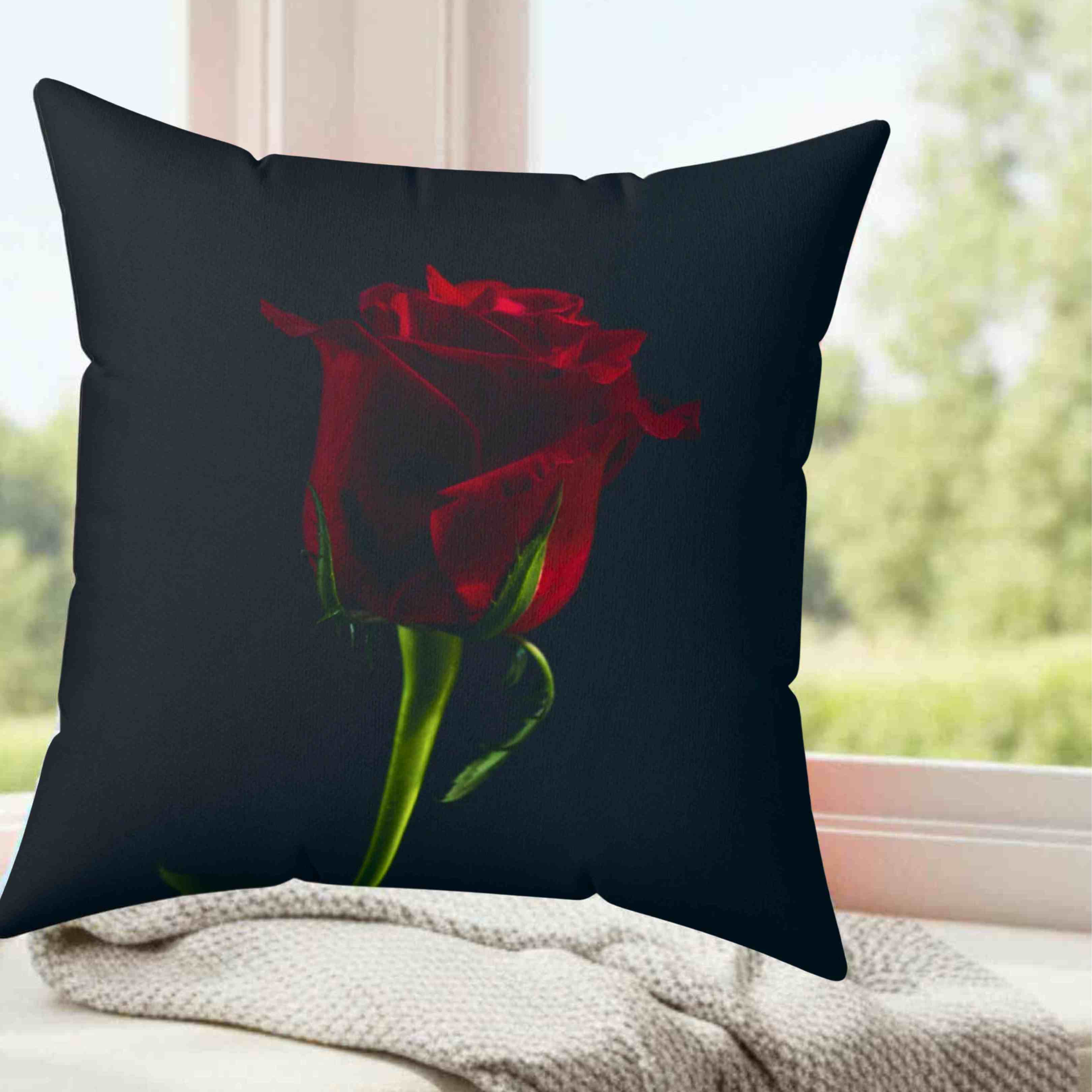 Red Rose Photograph Pillow | Dark Floral Throw Cushion