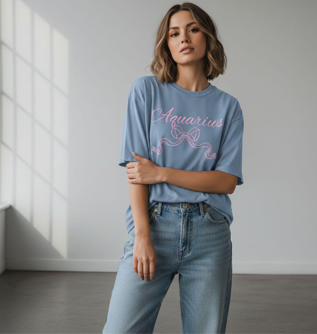 Aquarius Script Zodiac T-Shirt Pink Writing Astrology Tee product thumbnail image