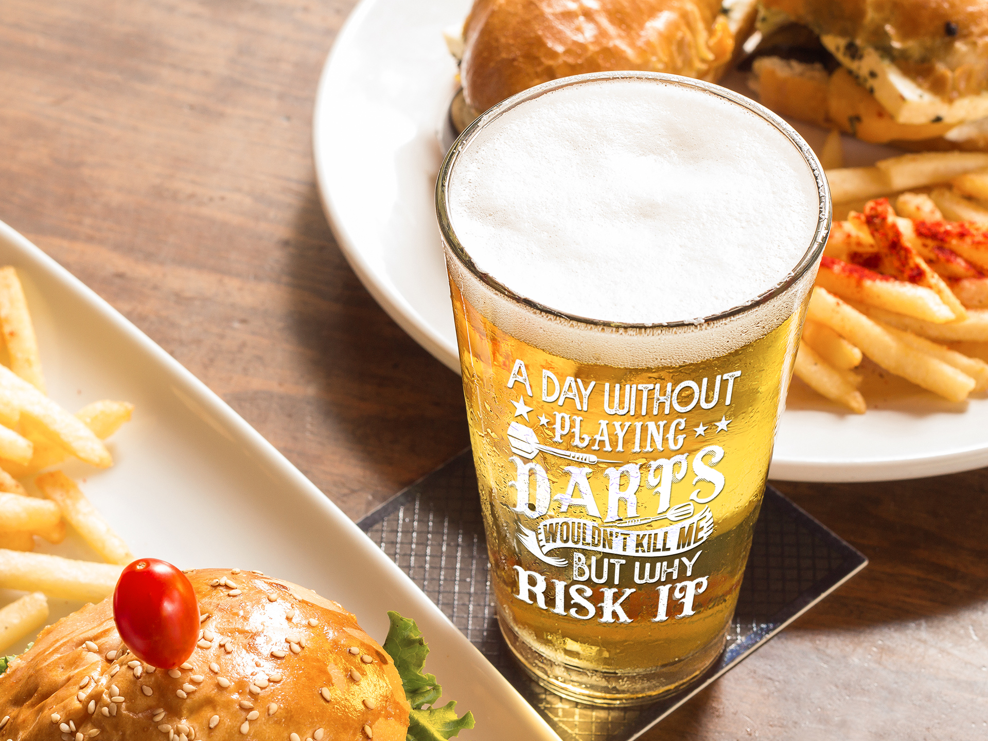 A Day Without Darts Wouldn't Kill Me But Why Risk It Pint Glass, 16oz product thumbnail image A Day Without Darts Wouldn't Kill Me But Why Risk It Pint Glass, 16oz product thumbnail image