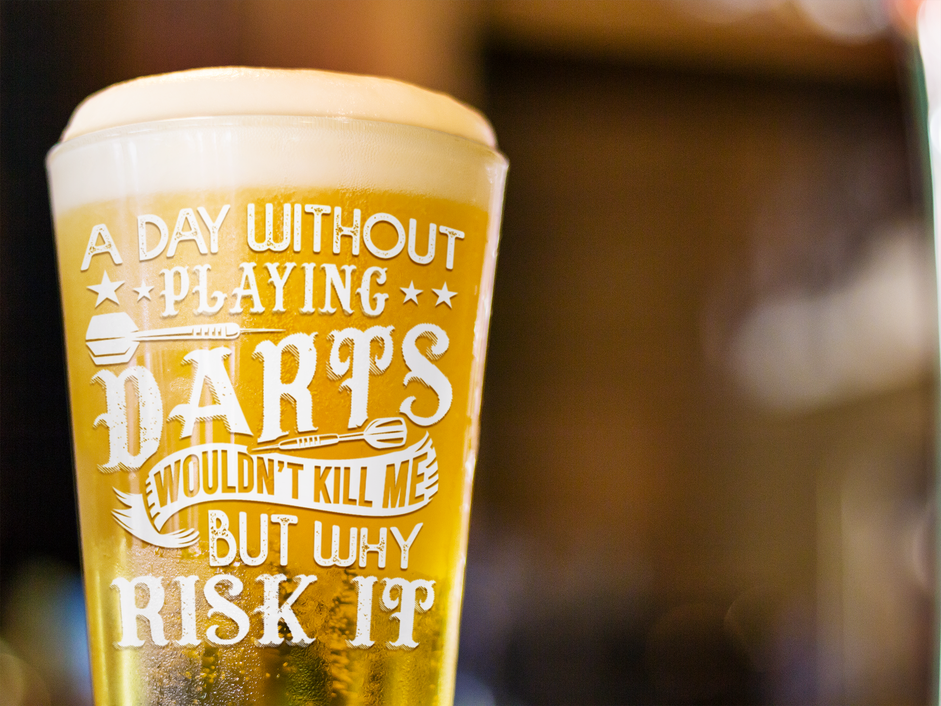 A Day Without Darts Wouldn't Kill Me But Why Risk It Pint Glass, 16oz product thumbnail image A Day Without Darts Wouldn't Kill Me But Why Risk It Pint Glass, 16oz product thumbnail image