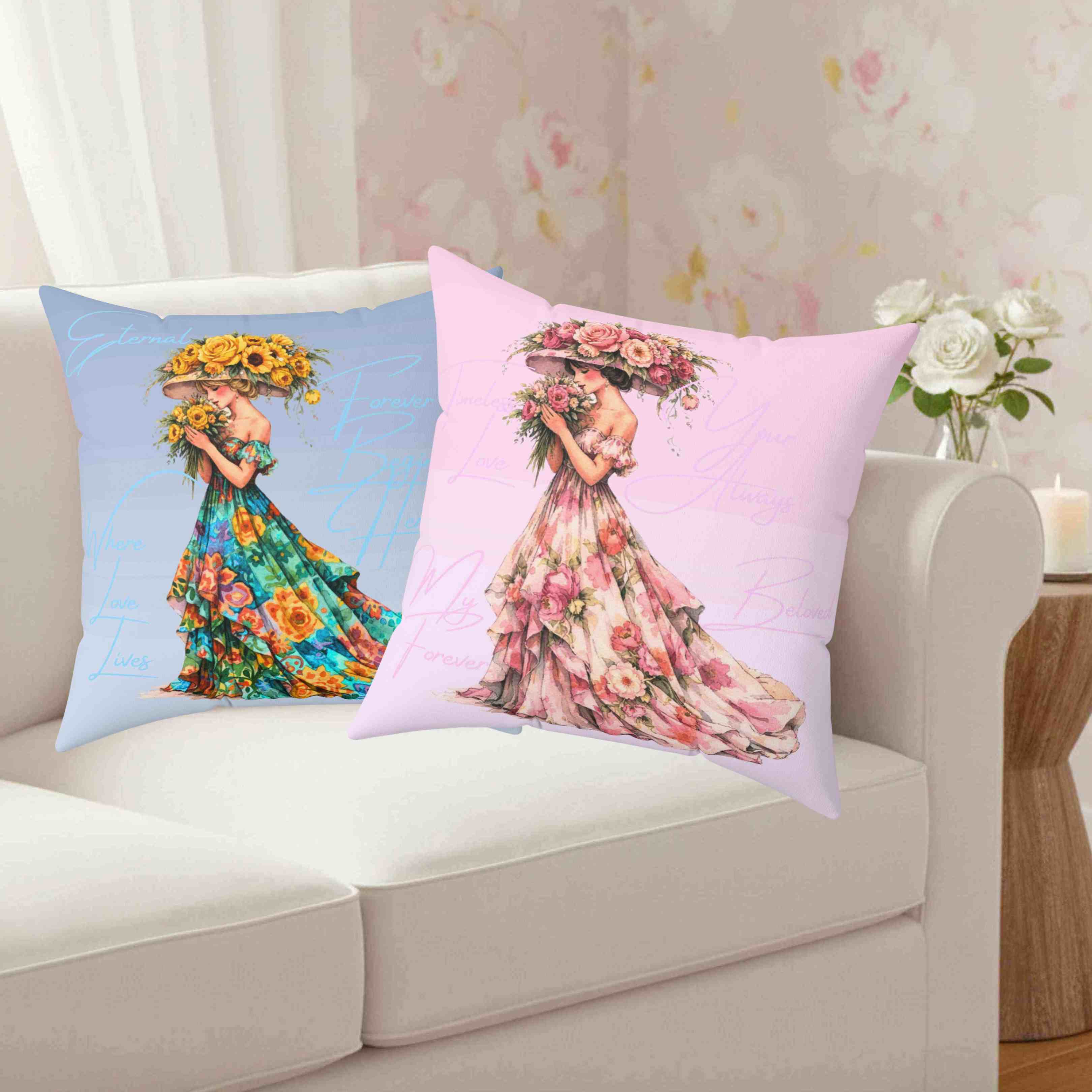 Floral Gown Lady pillow | Square Pillow, Pink Floral Décor Cushion product thumbnail image Floral Gown Lady pillow | Square Pillow, Pink Floral Décor Cushion product thumbnail image