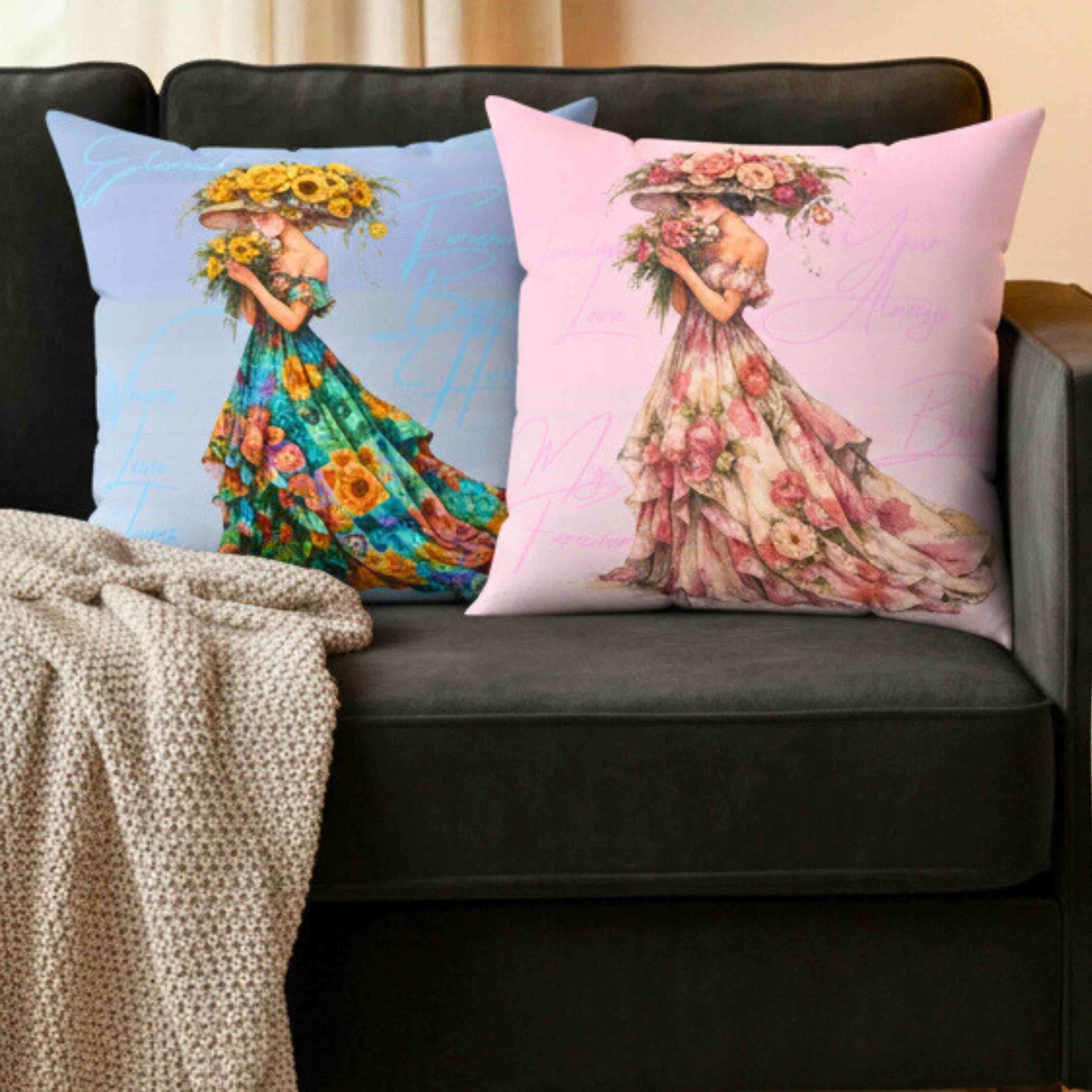 Floral Gown Lady pillow | Square Pillow, Pink Floral Décor Cushion product thumbnail image