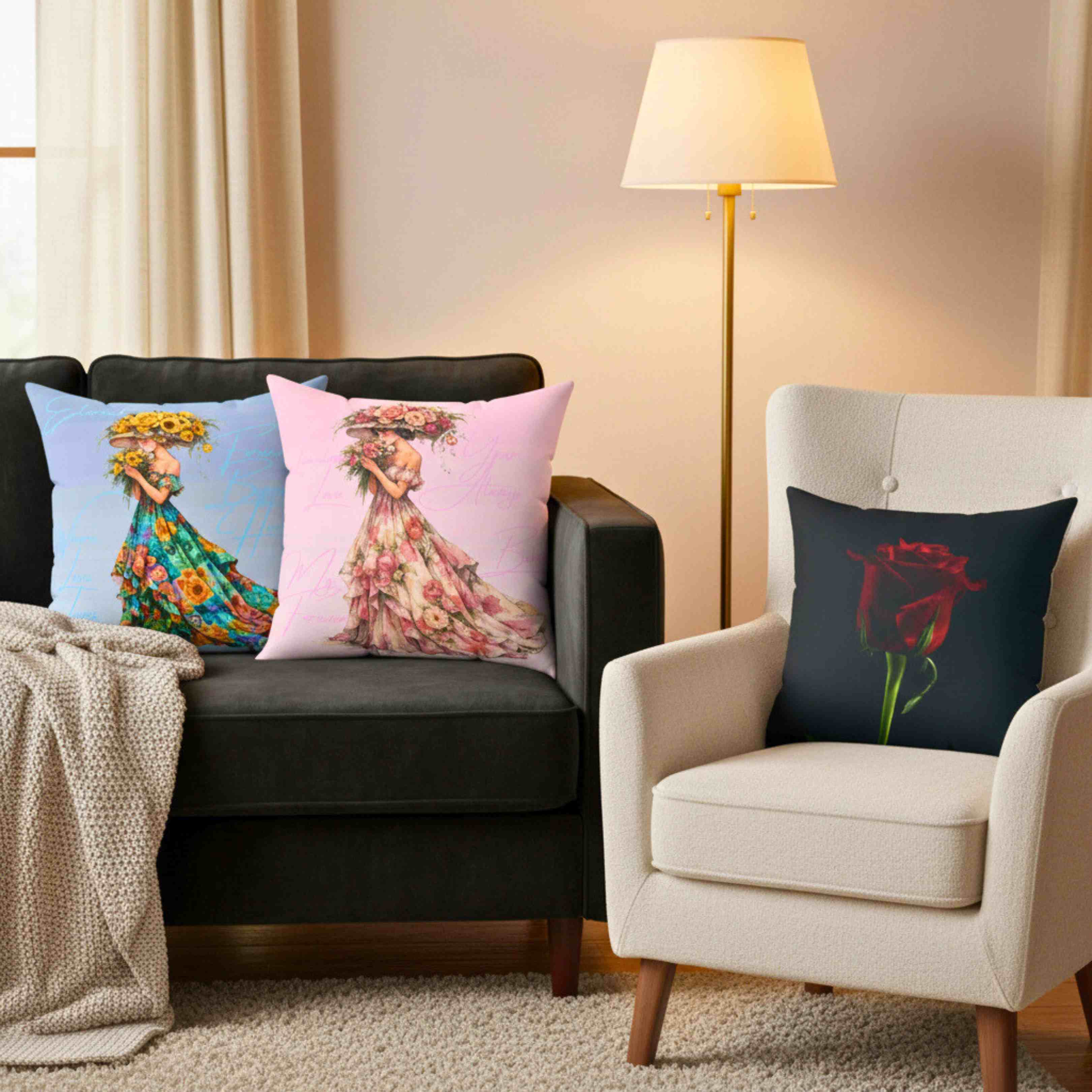 Floral Gown Lady pillow | Square Pillow, Pink Floral Décor Cushion product thumbnail image Floral Gown Lady pillow | Square Pillow, Pink Floral Décor Cushion product thumbnail image