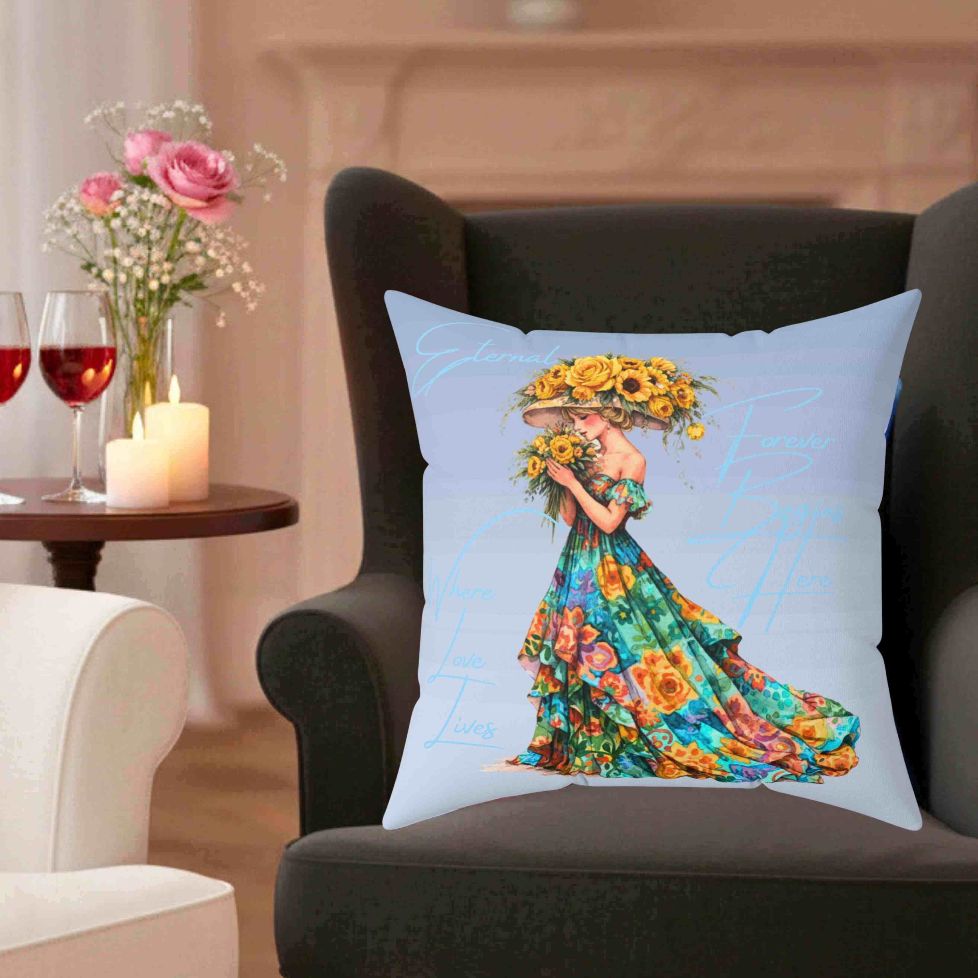 Floral Gown Woman Pillow | Square Polyester Cushions product thumbnail image