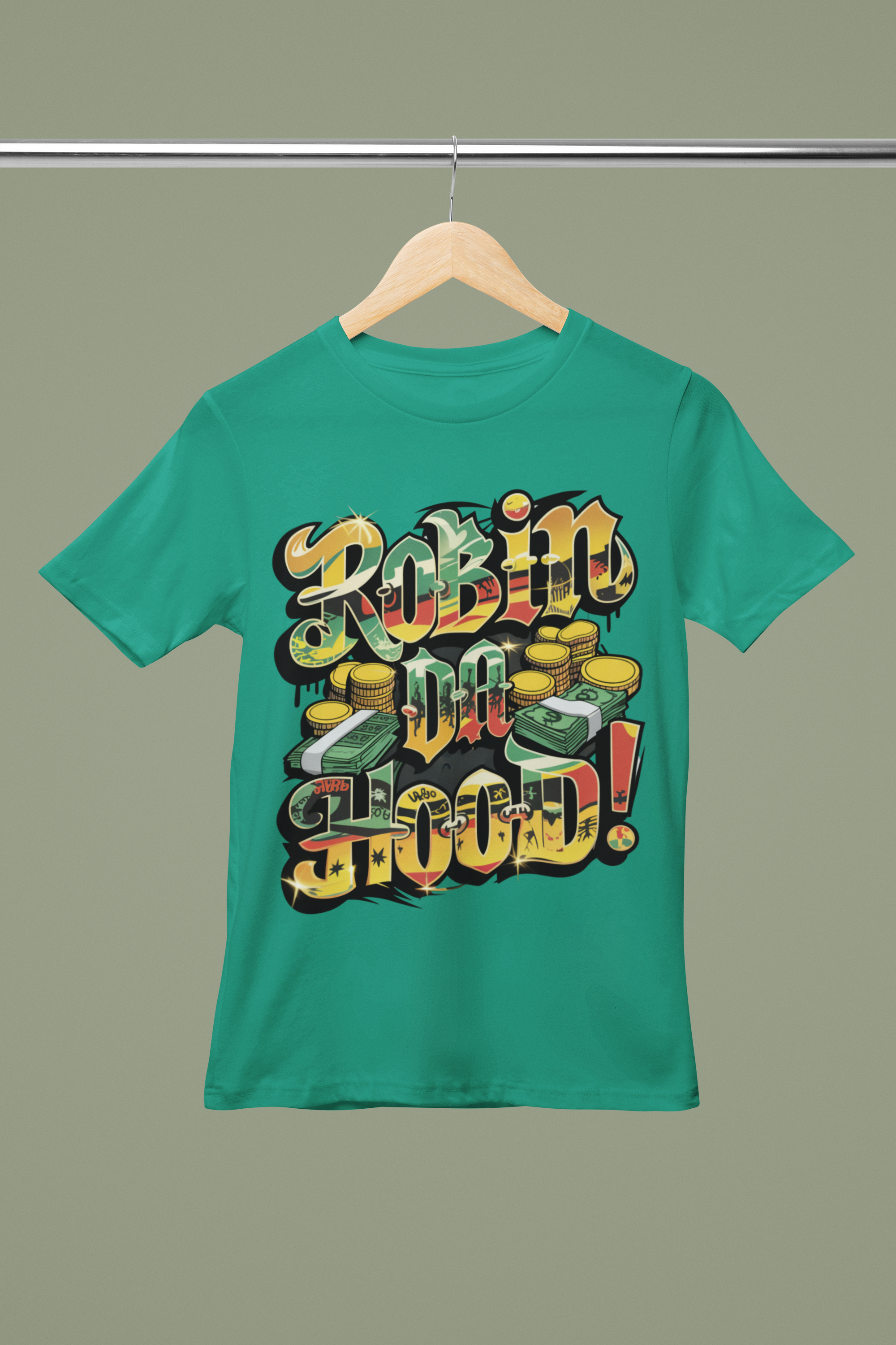 Robin Hood Graphic Tee — Bold Retro Money Script &amp; Feather Back Art