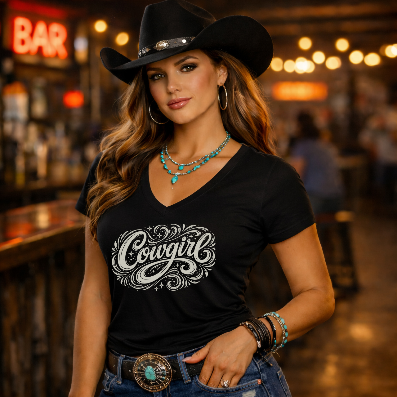 Cowgirl Script V Neck Tee, Women's Western Short Sleeve Top, Ranch Style Shirt product thumbnail image