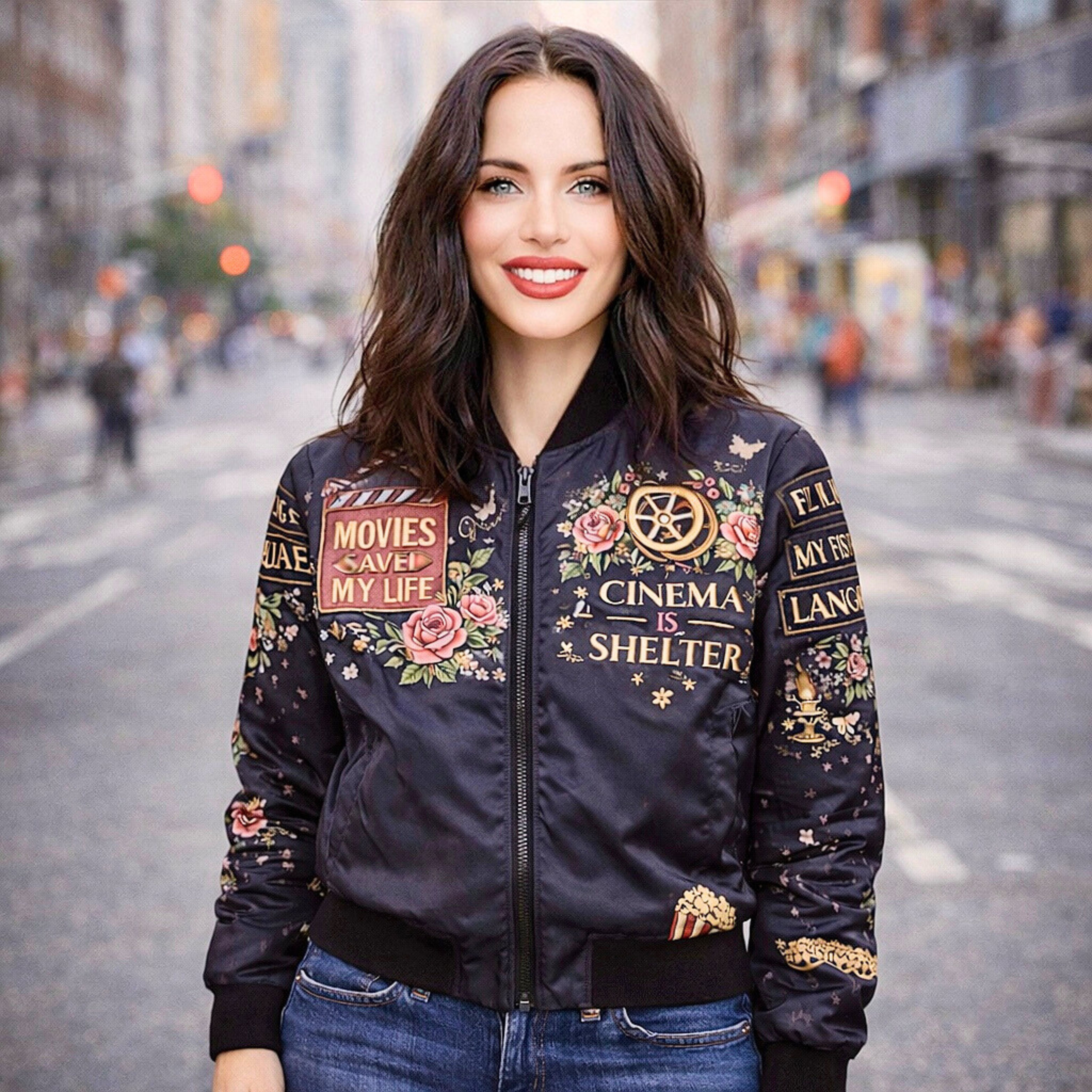 Cinema Is Shelter Film Pattern Bomber Jacket | Roses & Popcorn product thumbnail image Cinema Is Shelter Film Pattern Bomber Jacket | Roses & Popcorn product thumbnail image