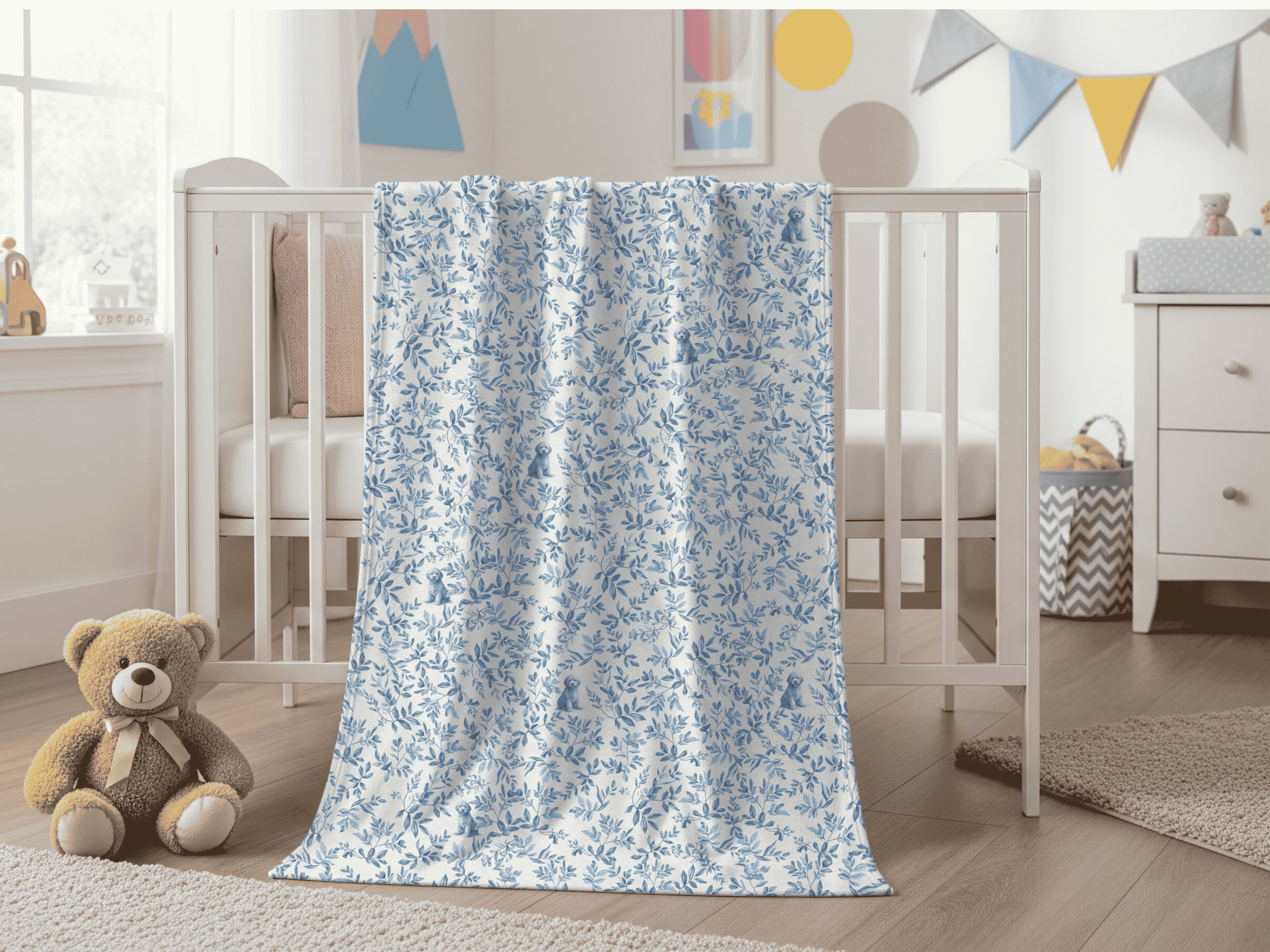 Antique French Blue Goldendoodle Toile Velveteen Plush Blanket, Soft Cozy Home Decor product thumbnail image Antique French Blue Goldendoodle Toile Velveteen Plush Blanket, Soft Cozy Home Decor product thumbnail image
