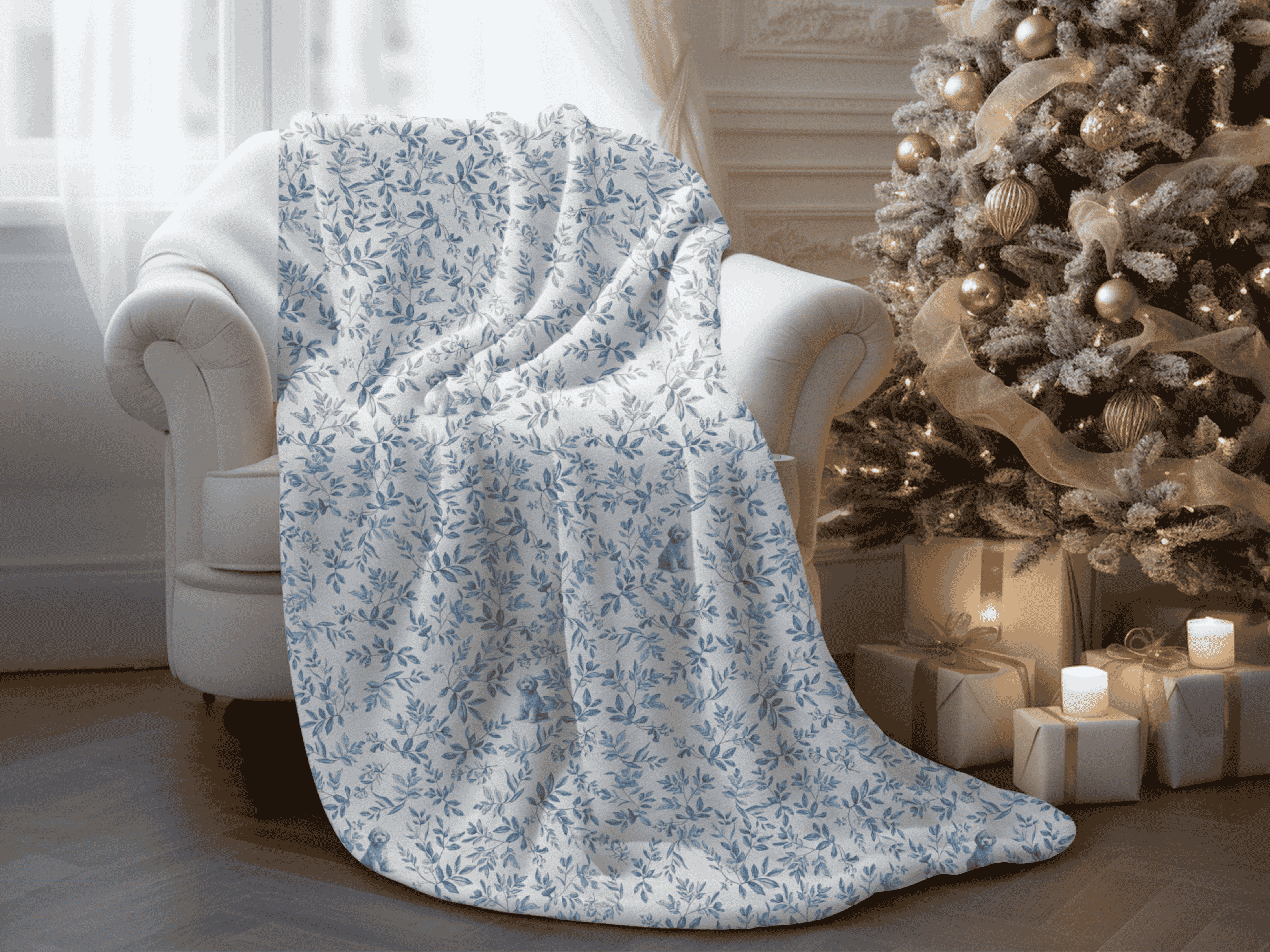 Antique French Blue Goldendoodle Toile Velveteen Plush Blanket, Soft Cozy Home Decor product thumbnail image Antique French Blue Goldendoodle Toile Velveteen Plush Blanket, Soft Cozy Home Decor product thumbnail image