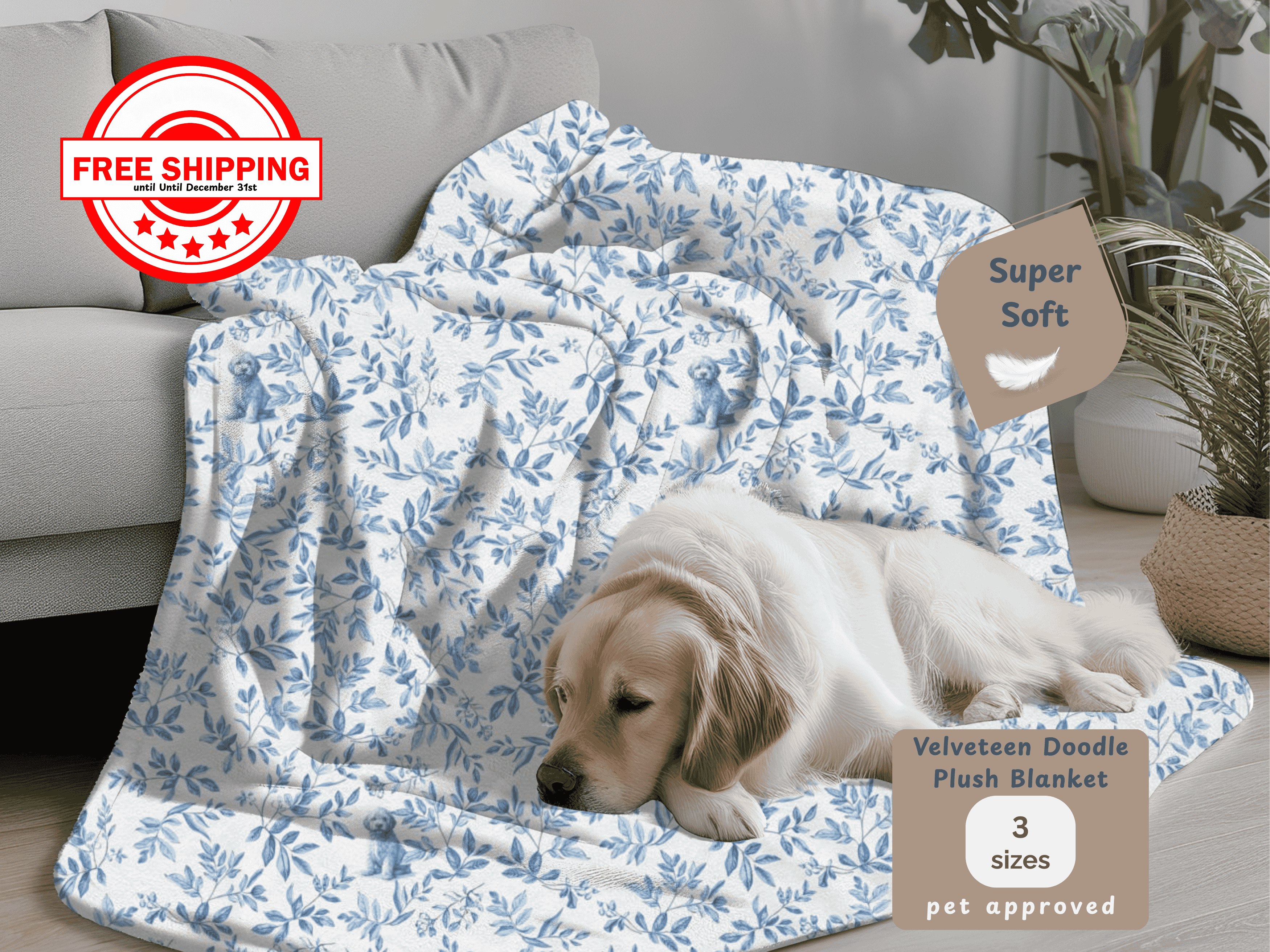 Antique French Blue Goldendoodle Toile Velveteen Plush Blanket, Soft Cozy Home Decor product thumbnail image Antique French Blue Goldendoodle Toile Velveteen Plush Blanket, Soft Cozy Home Decor product thumbnail image