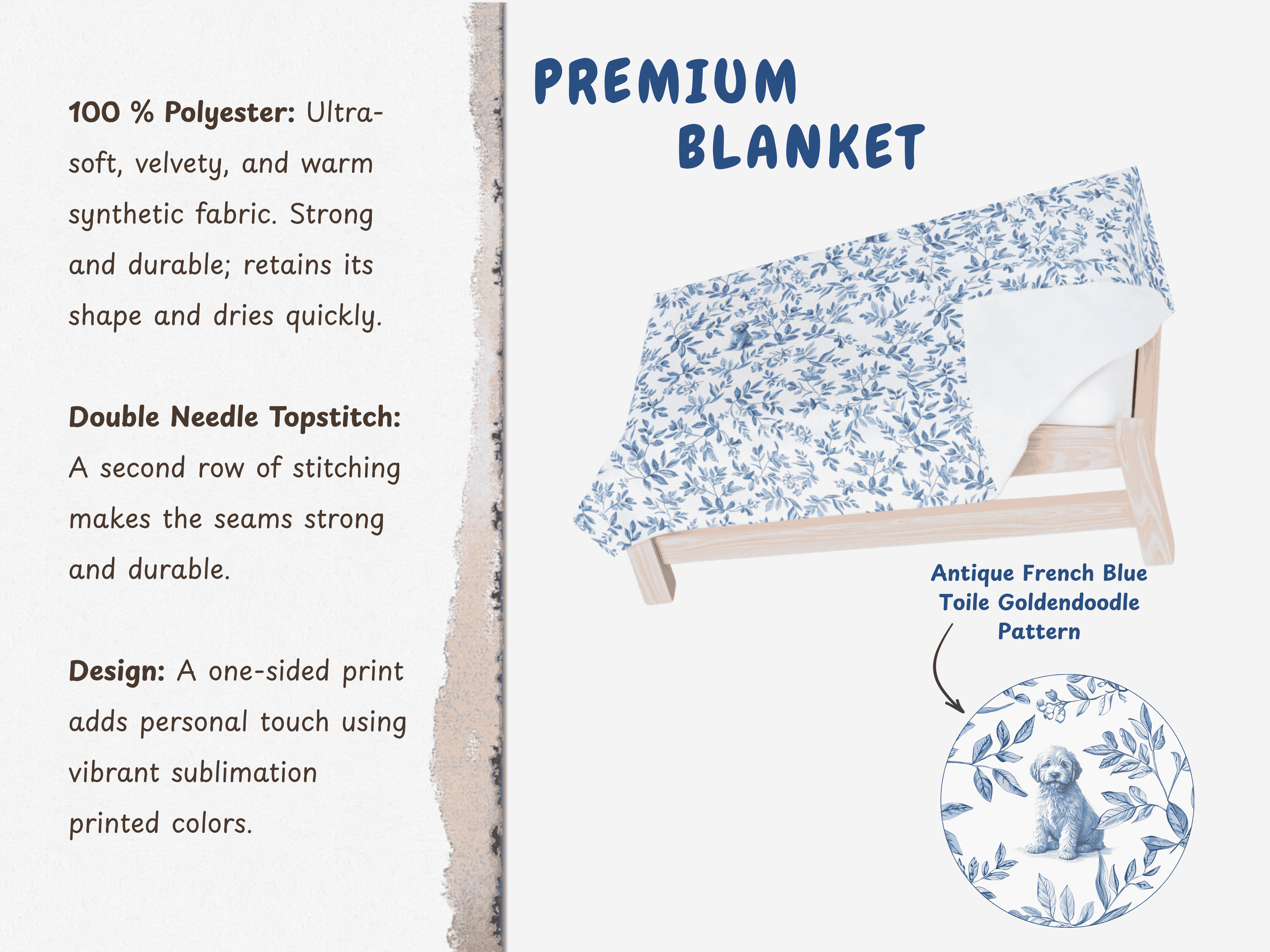 Antique French Blue Goldendoodle Toile Velveteen Plush Blanket, Soft Cozy Home Decor product thumbnail image