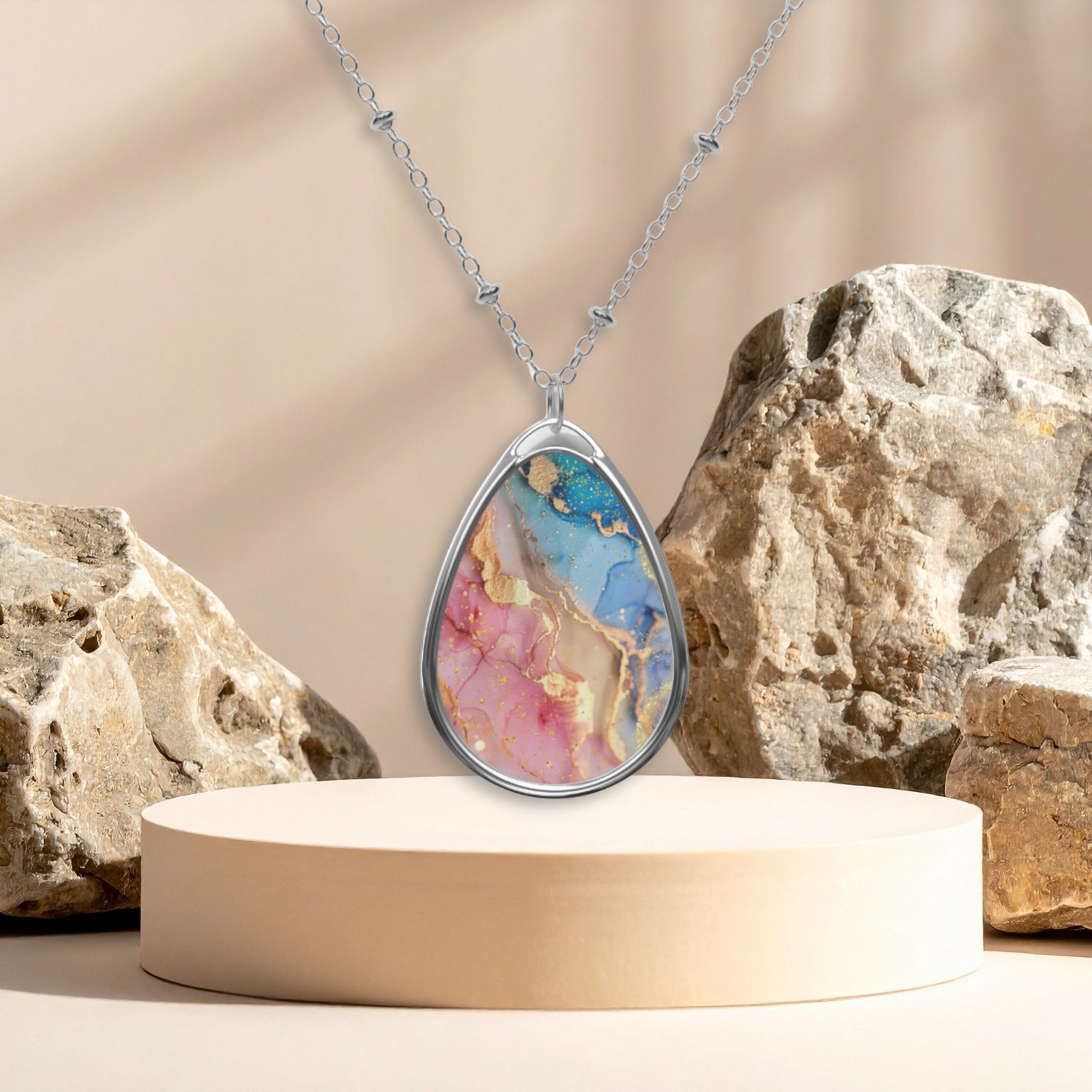 Oval Pendant Necklace — Colorful Marble Teardrop Locket Oval Pendant Necklace — Colorful Marble Teardrop Locket