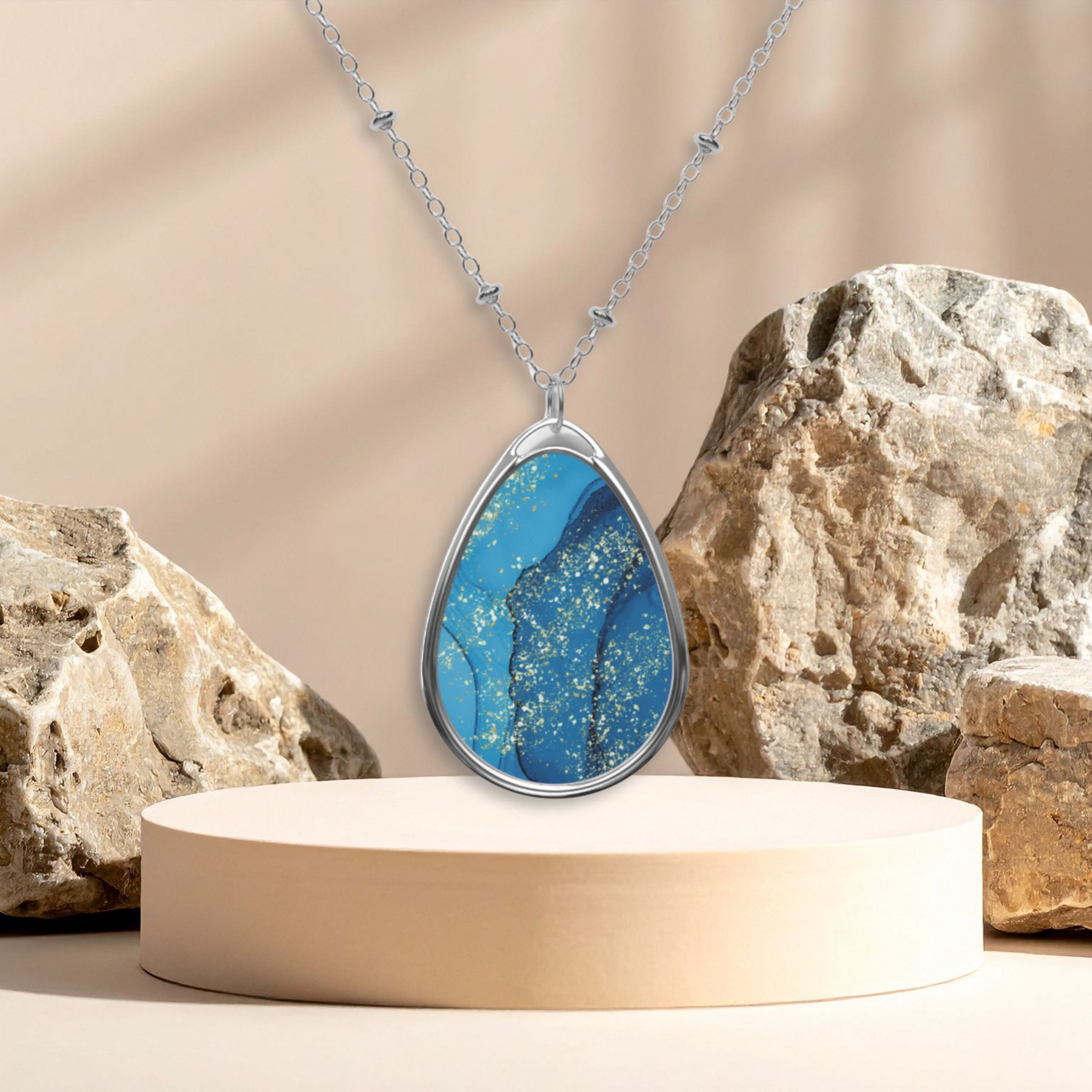 Blue Alcohol Ink Sparkle Oval Necklace product thumbnail image