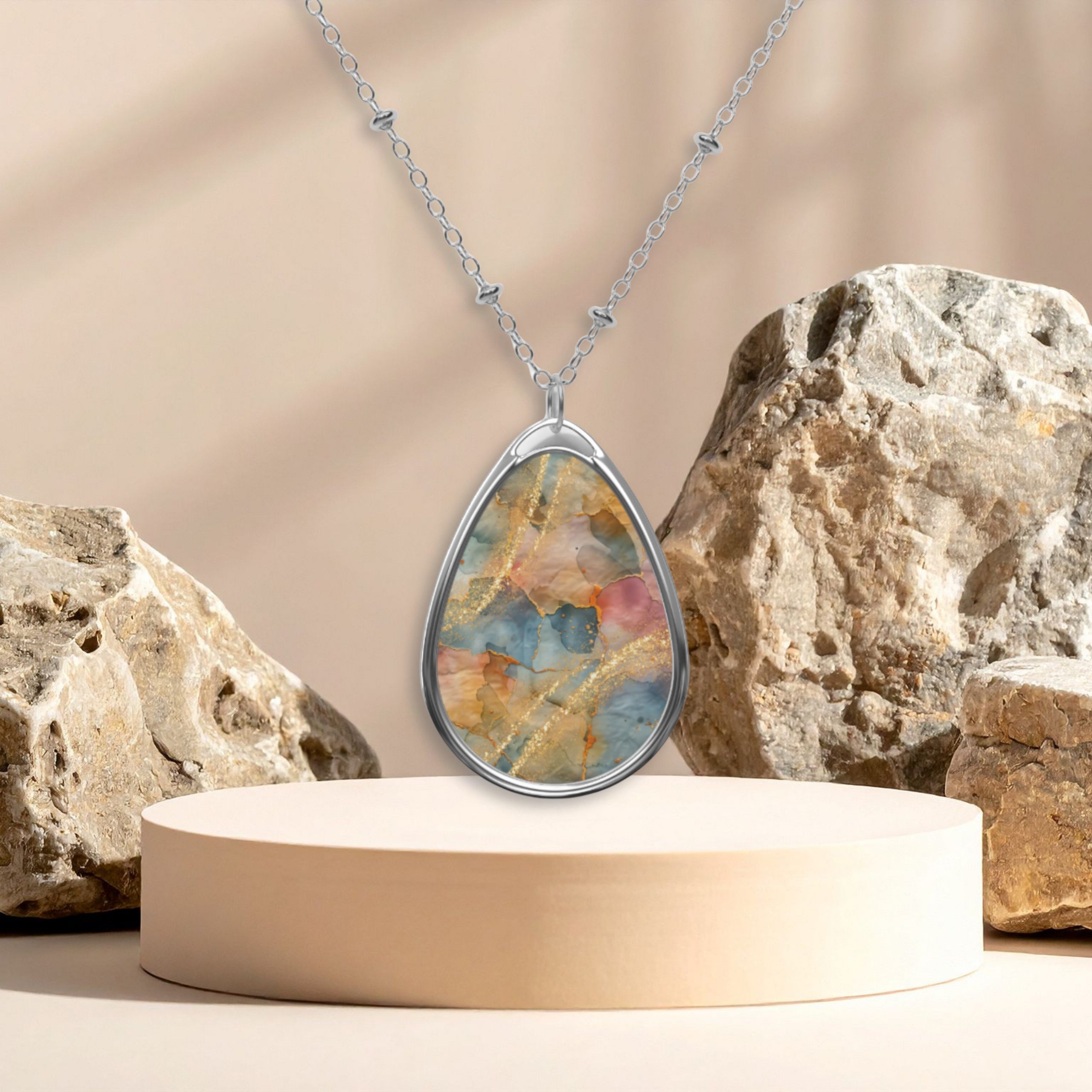 Oval Stone Pendant Necklace — Multicolor Stained Glass Pattern Teardrop Necklace with Silver Chain product thumbnail image