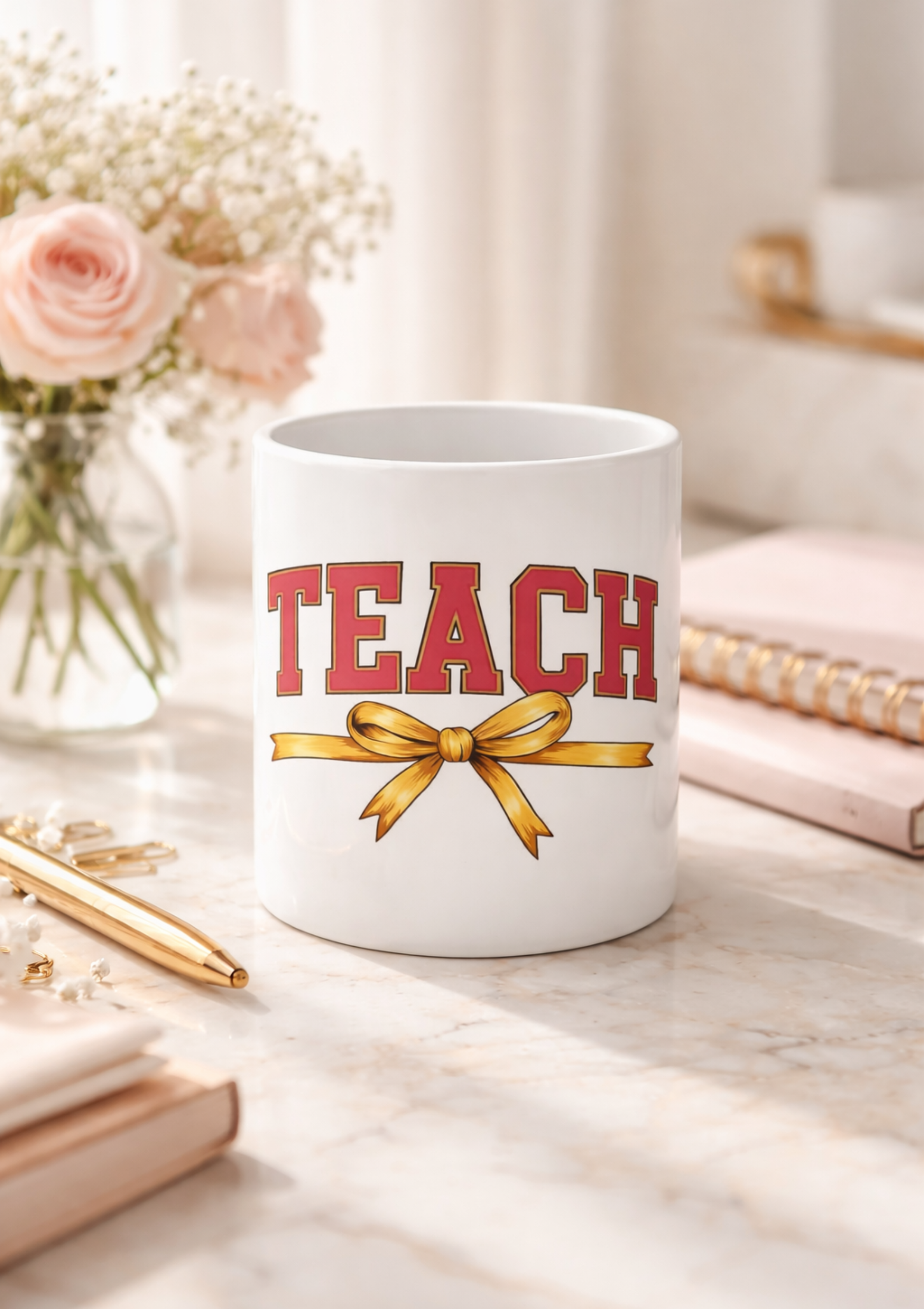 Teacher Mug - 'Teach' Red Lettering with Gold Ribbon | Gifts for Educators, Teacher Appreciation, End of Year product thumbnail image