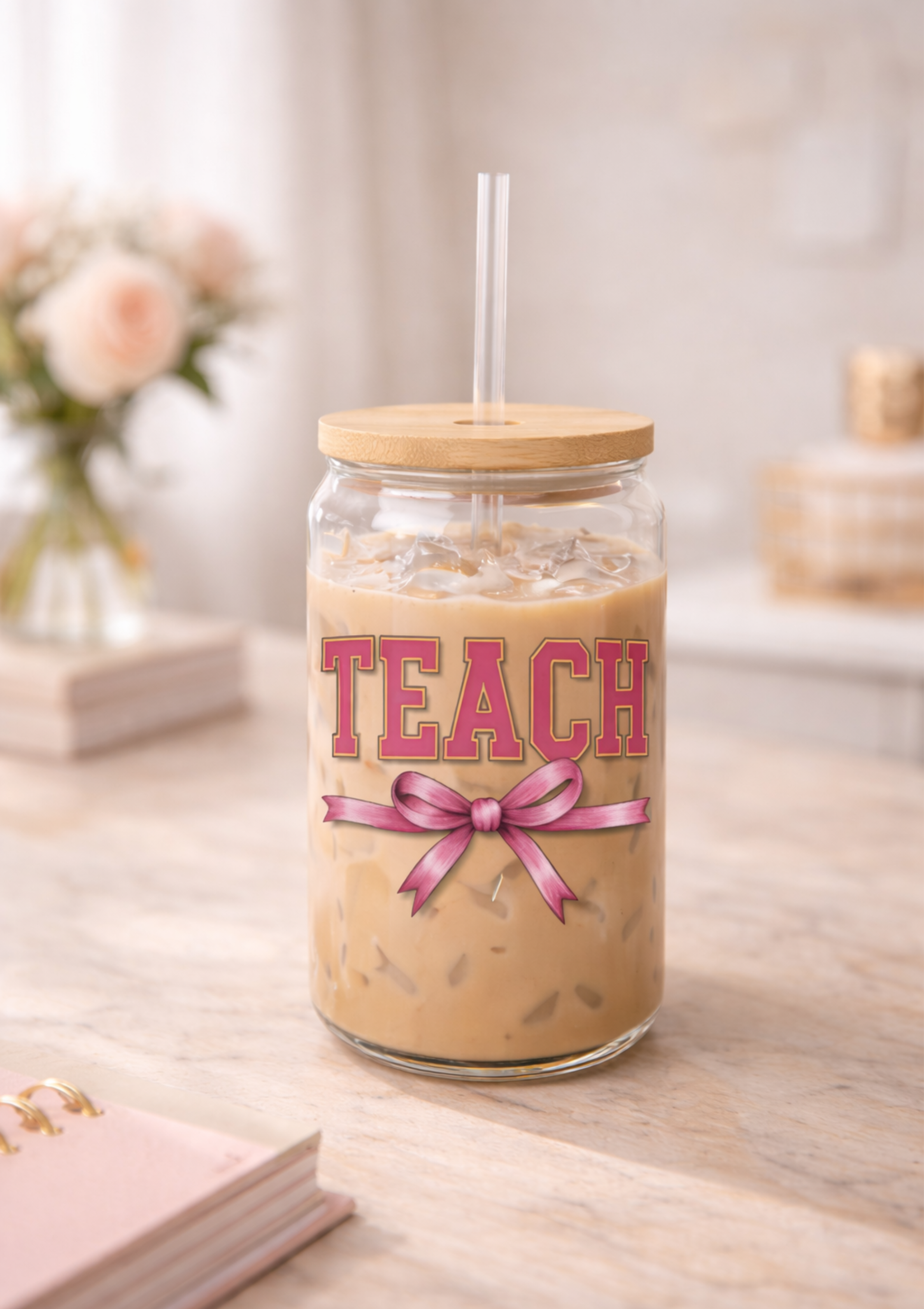 Teacher Sipper Glass – 16oz Clear Tumbler with Pink Ribbon ‘TEACH’ Design product thumbnail image Teacher Sipper Glass – 16oz Clear Tumbler with Pink Ribbon ‘TEACH’ Design product thumbnail image