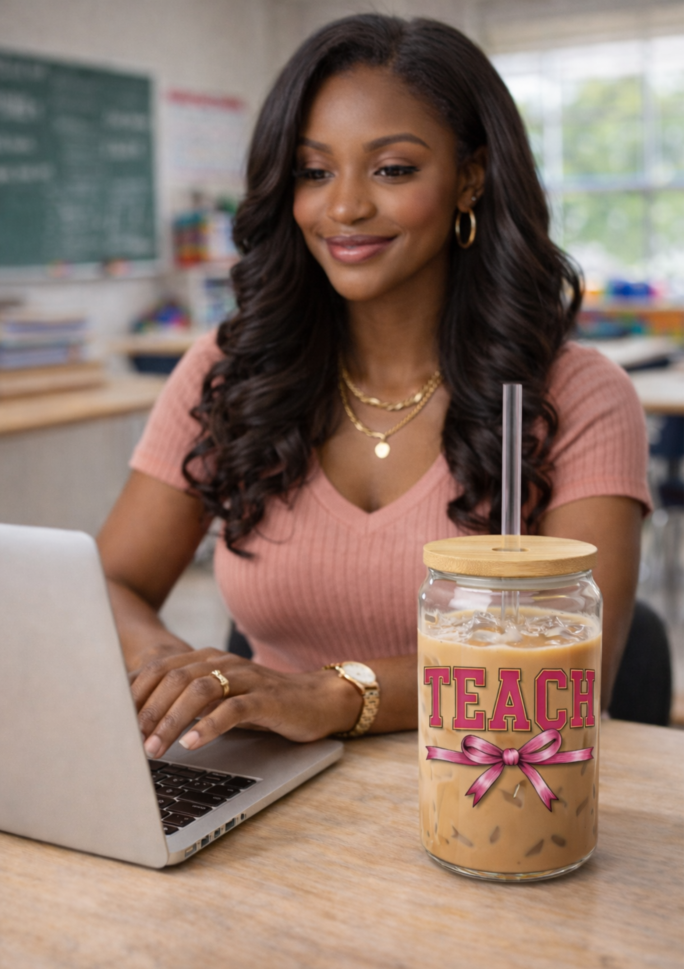 Teacher Sipper Glass – 16oz Clear Tumbler with Pink Ribbon ‘TEACH’ Design product thumbnail image Teacher Sipper Glass – 16oz Clear Tumbler with Pink Ribbon ‘TEACH’ Design product thumbnail image