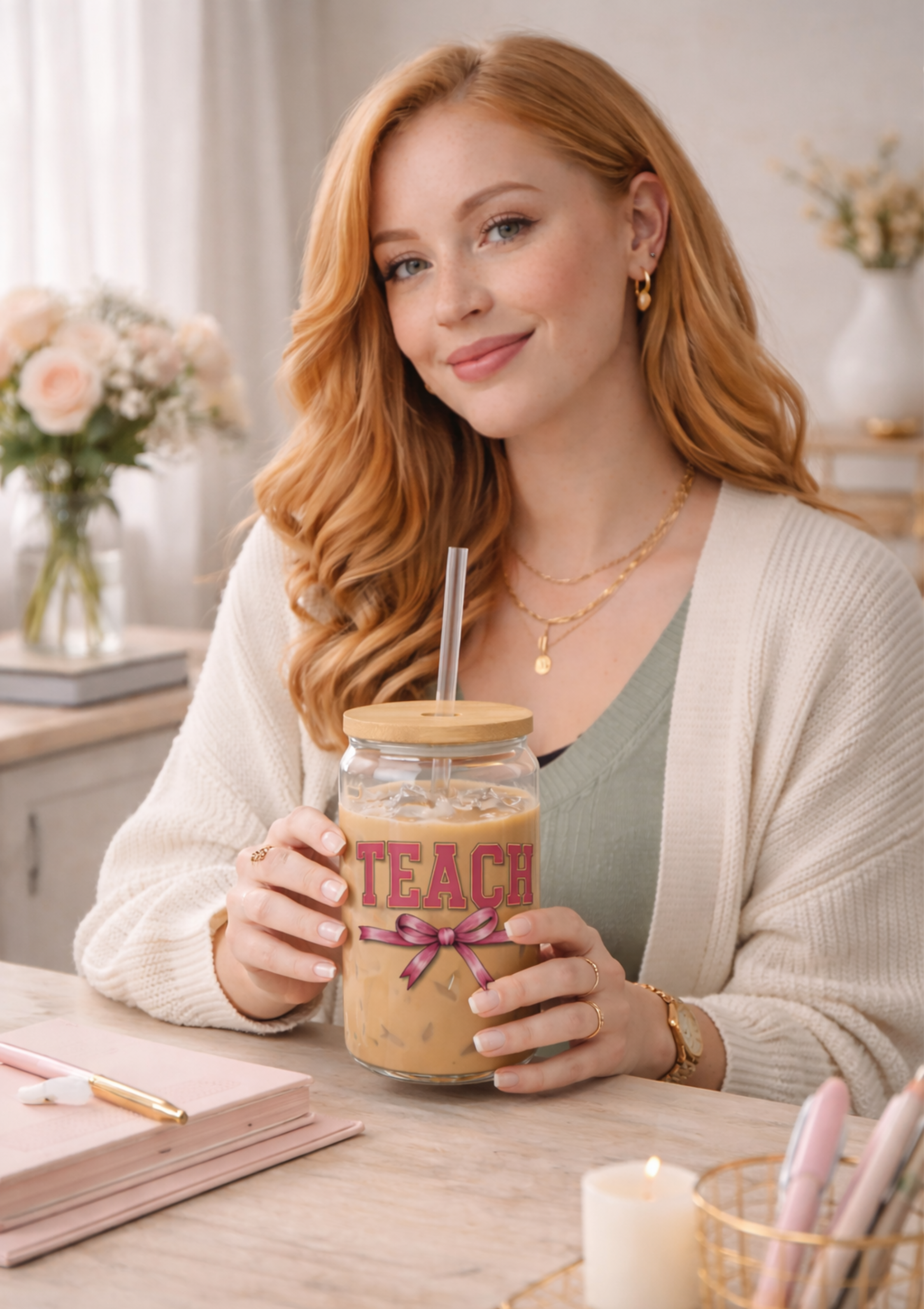 Teacher Sipper Glass – 16oz Clear Tumbler with Pink Ribbon ‘TEACH’ Design