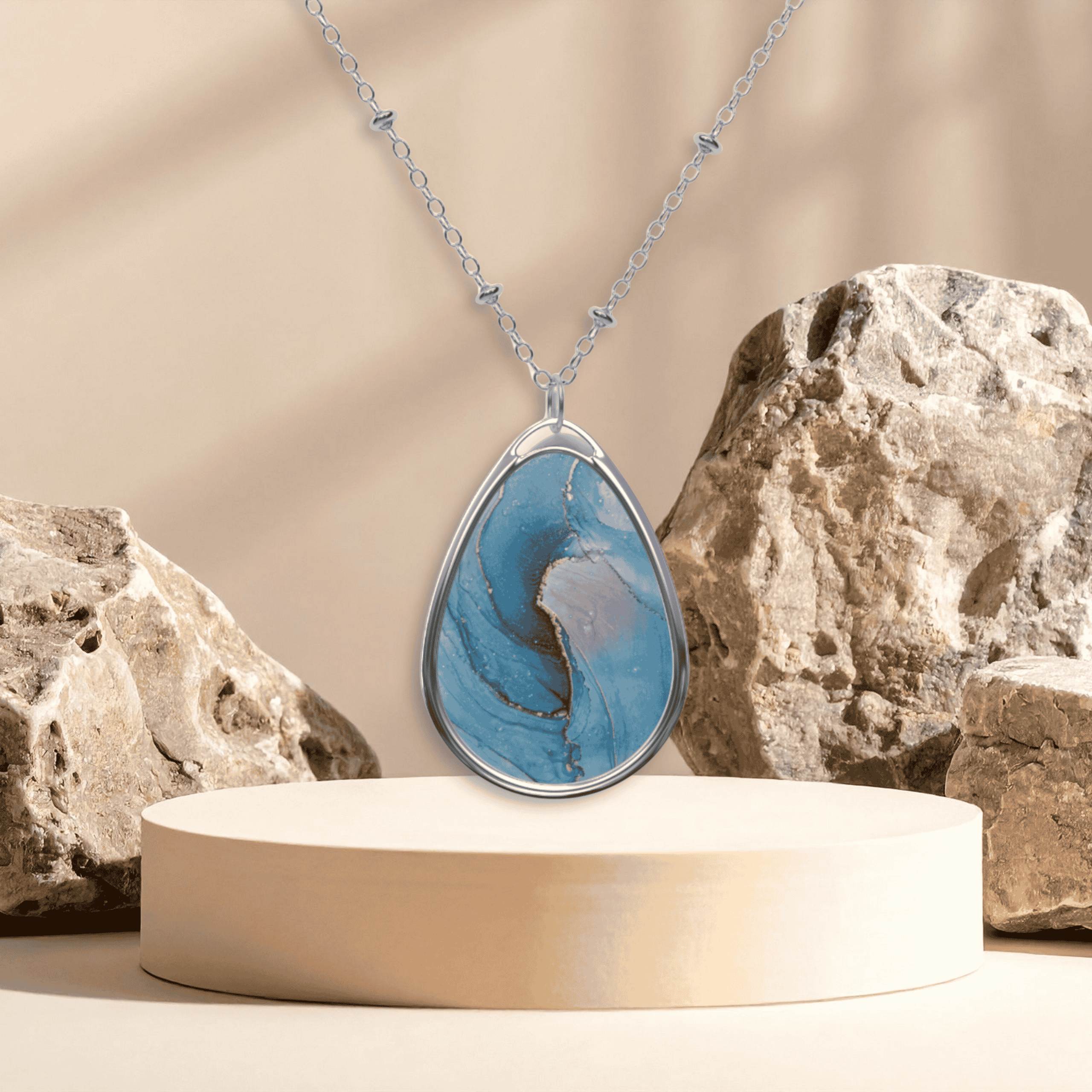 Oval Pendant Necklace — Blue Marble Teardrop Silver Necklace, Gift for Her product thumbnail image