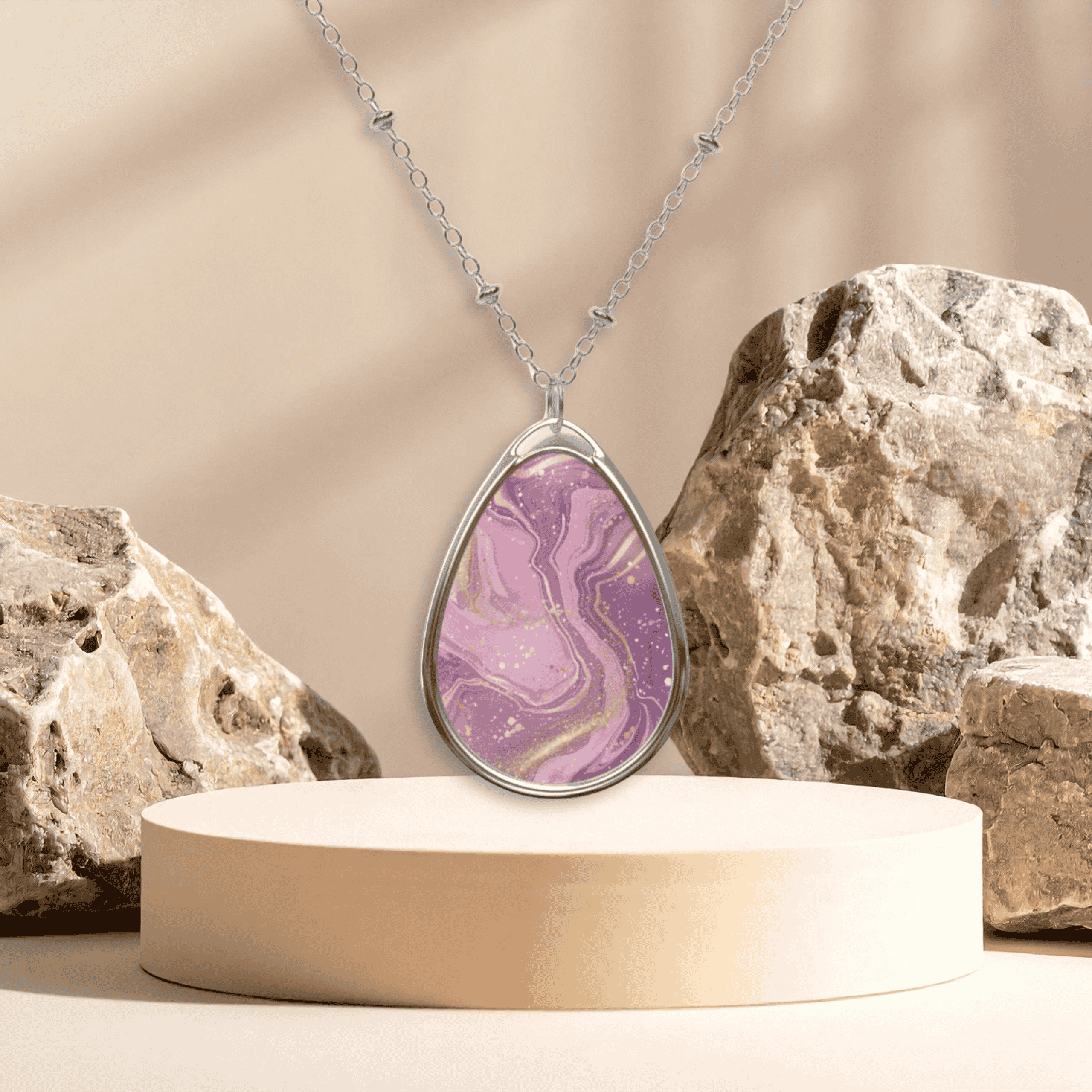 Pink Marble Oval Pendant Necklace — Teardrop Statement Jewelry Pink Marble Oval Pendant Necklace — Teardrop Statement Jewelry