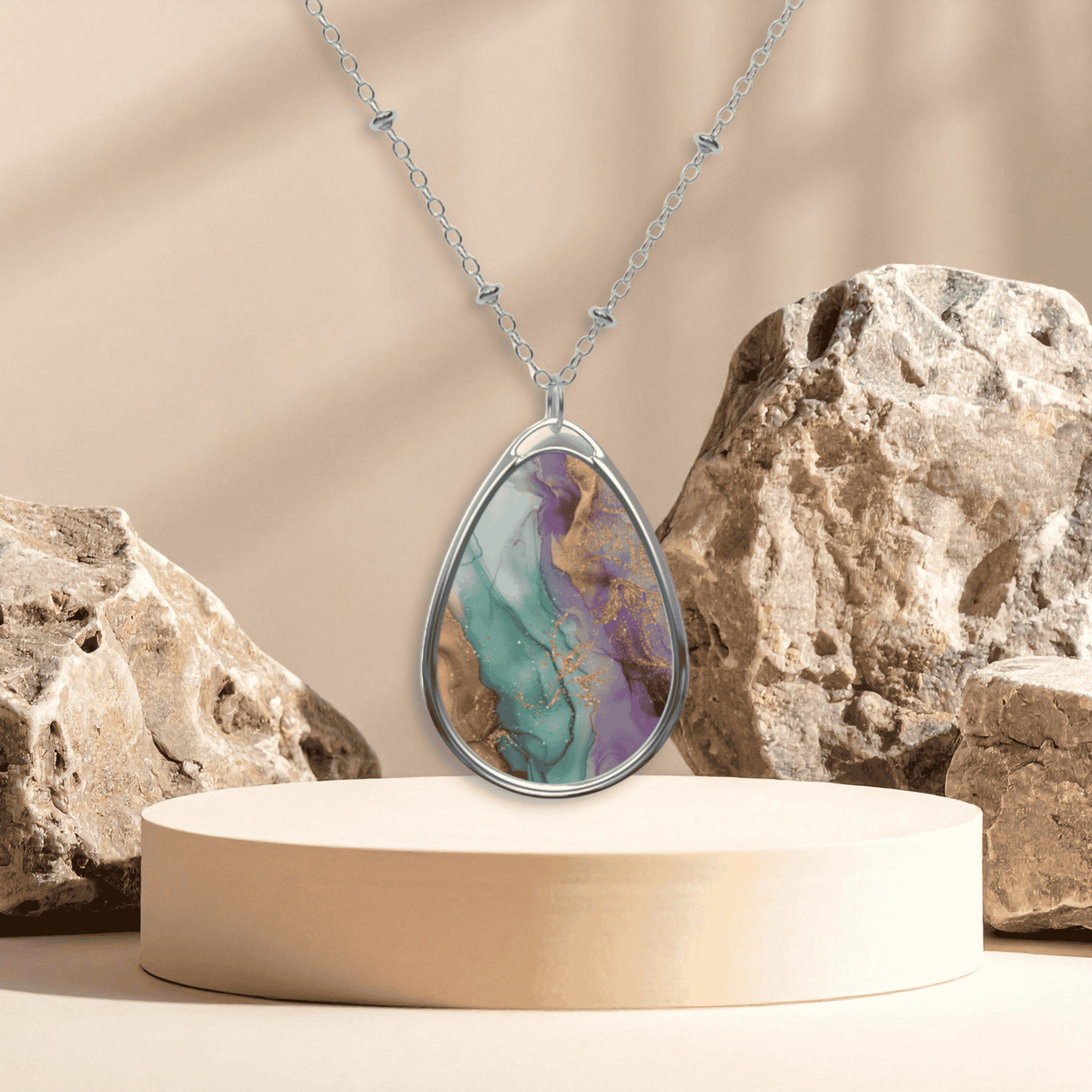 Teardrop Resin Pendant Necklace — Colorful Marble Oval Statement Jewelry