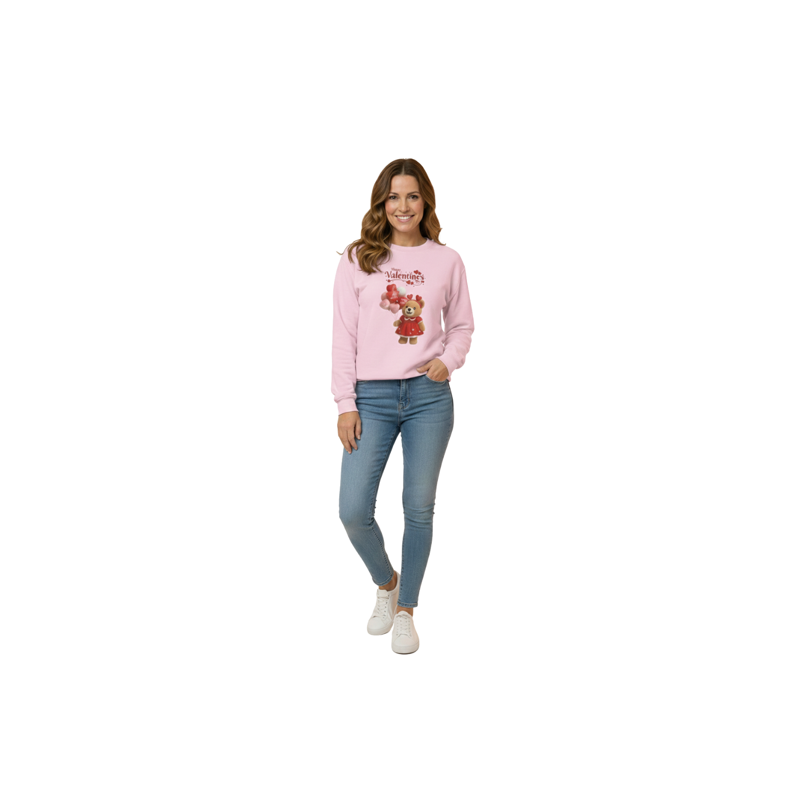 Valentine Teddy Bear Crewneck Sweatshirt – Cute Heart Balloons &amp; "Valentines" Graphic product thumbnail image