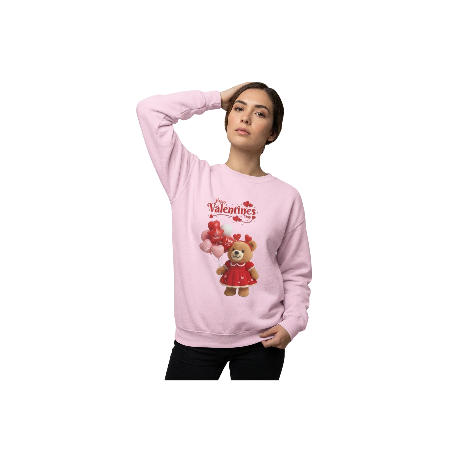 Valentine Teddy Bear Crewneck Sweatshirt – Cute Heart Balloons &amp; "Valentines" Graphic product thumbnail image