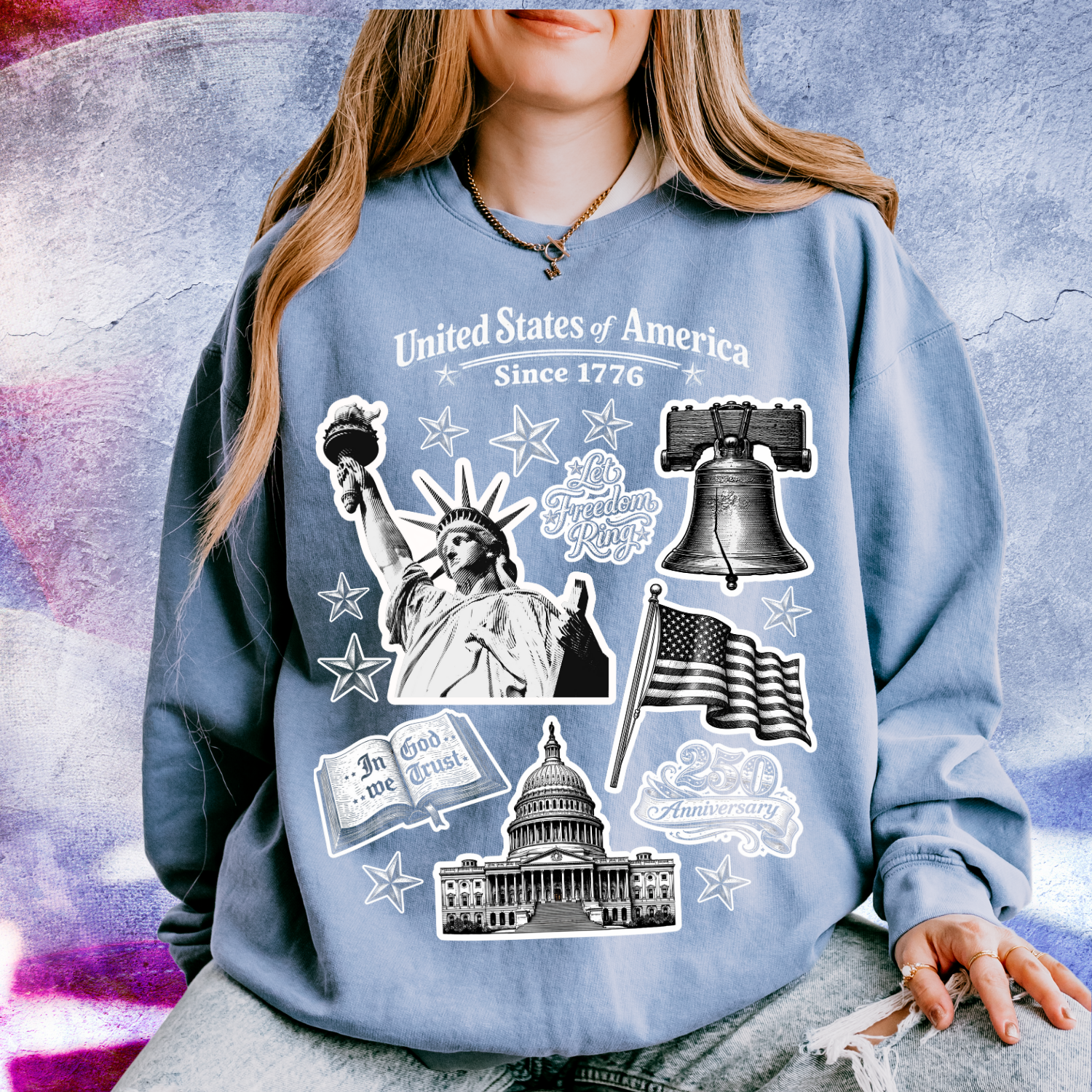 America 250 Retro Stamp Liberty Bell Statue of Liberty Capitol Sweatshirt, Semiquincentennial.  product thumbnail image
