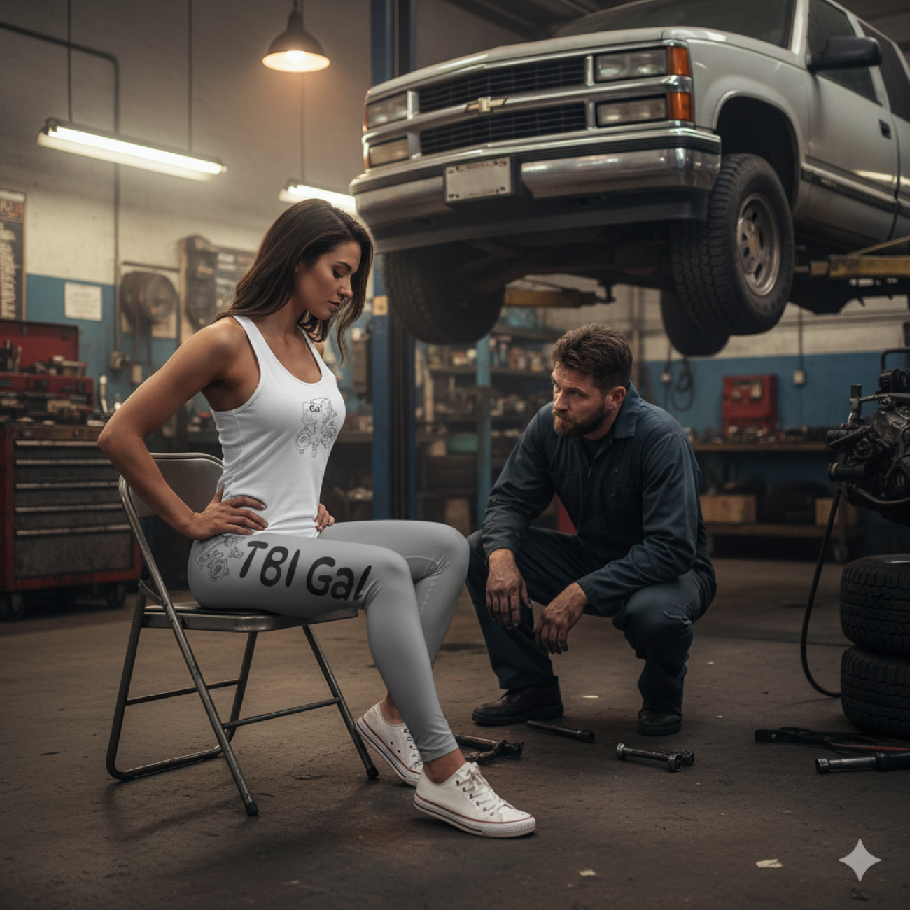 "TBI Gal" High-Waist Yoga Leggings — Gray AOP with Side Script &amp; Floral Accents product thumbnail image