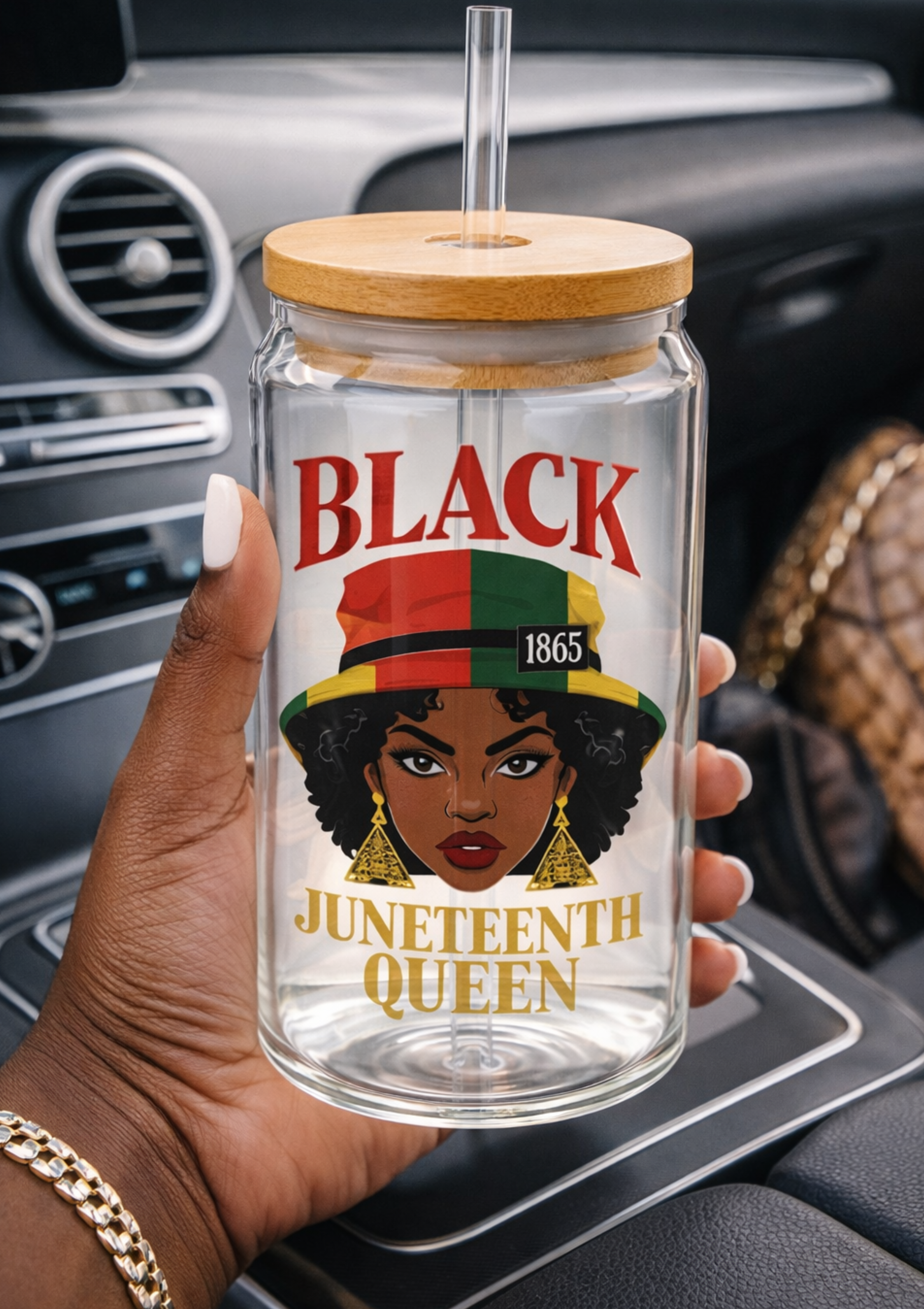 Sipper Glass — "Black Juneteenth Queen" 16oz Bamboo Lid Tumbler product thumbnail image