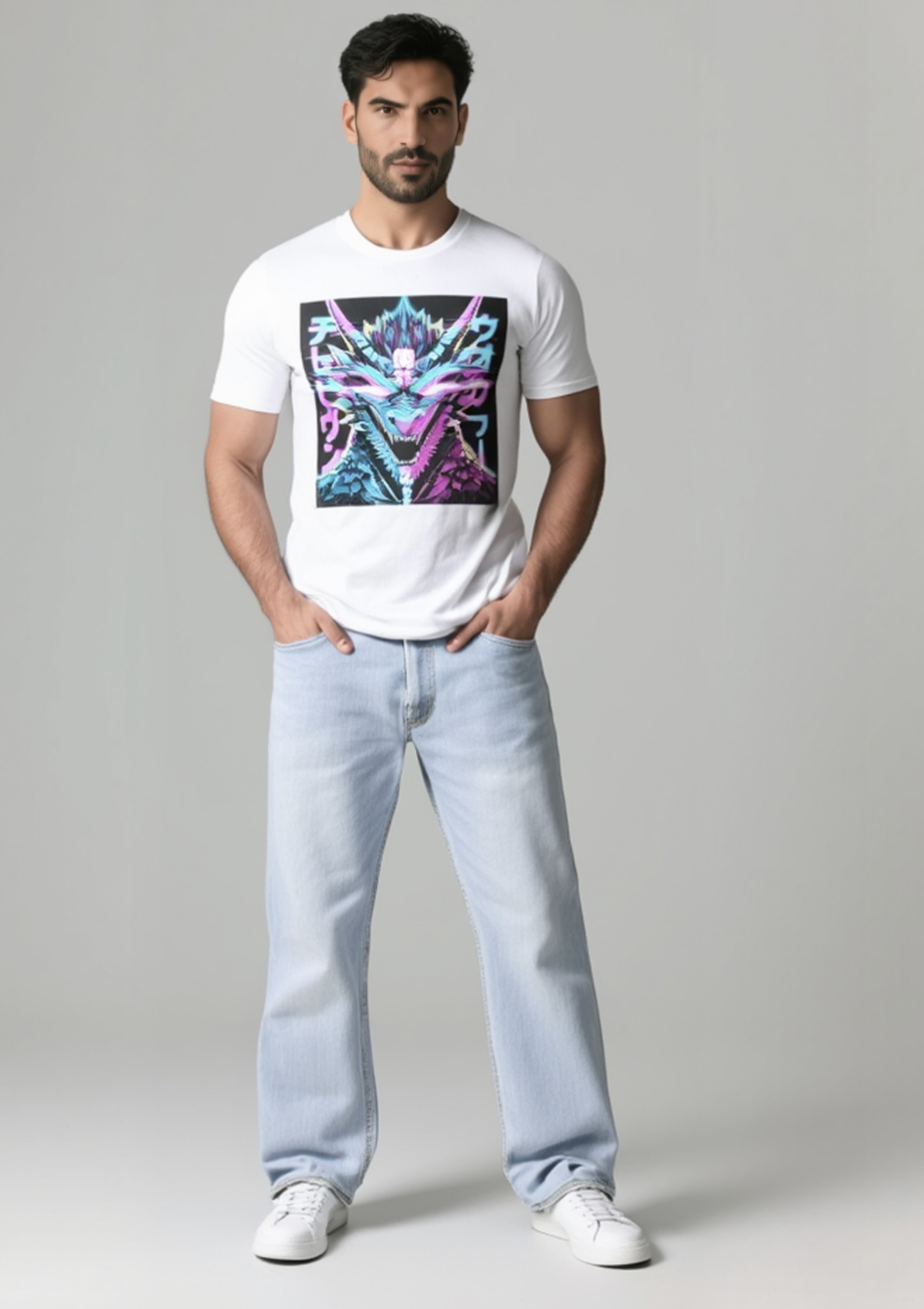 Unisex T-Shirt — Neon Cyber Dragon Japanese Kanji Graphic Tee