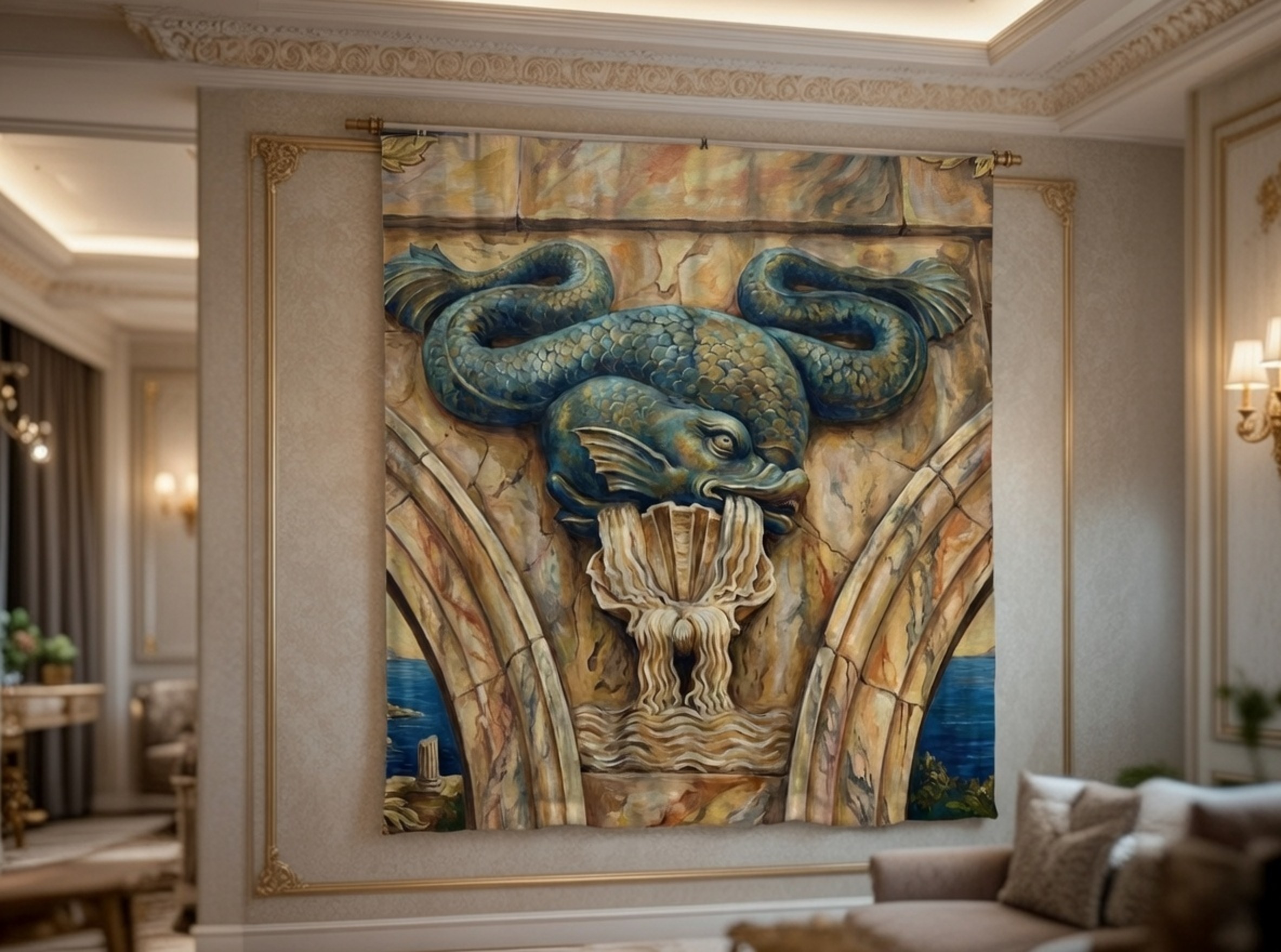 Mythic Sea Serpent Tapestry — Nautical Wall Hanging with Gargoyle Italian Fountain Design - We Love Italy - Gifts product thumbnail image