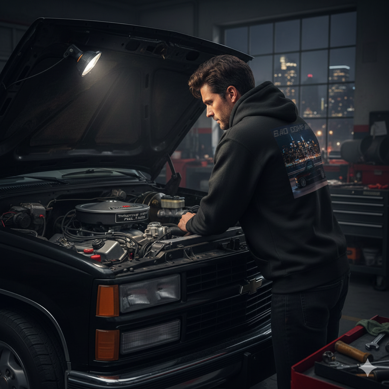 'Bad Company' Zip Hoodie —  City Night Car Graphic Full-Zip Sweatshirt