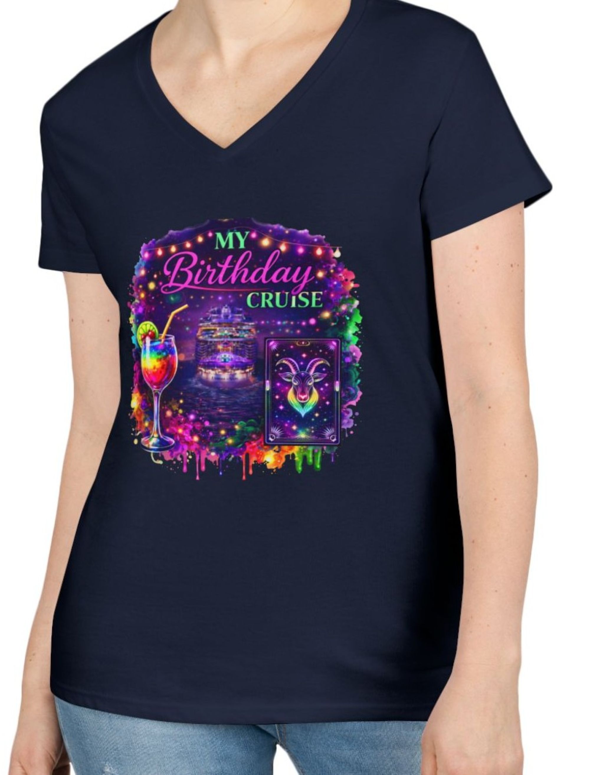 Birthday Cruise Ladies’ V-Neck Tee — Colorful Zodiac Capricorn Tarot Graphic | CarmaQuanTarot product thumbnail image