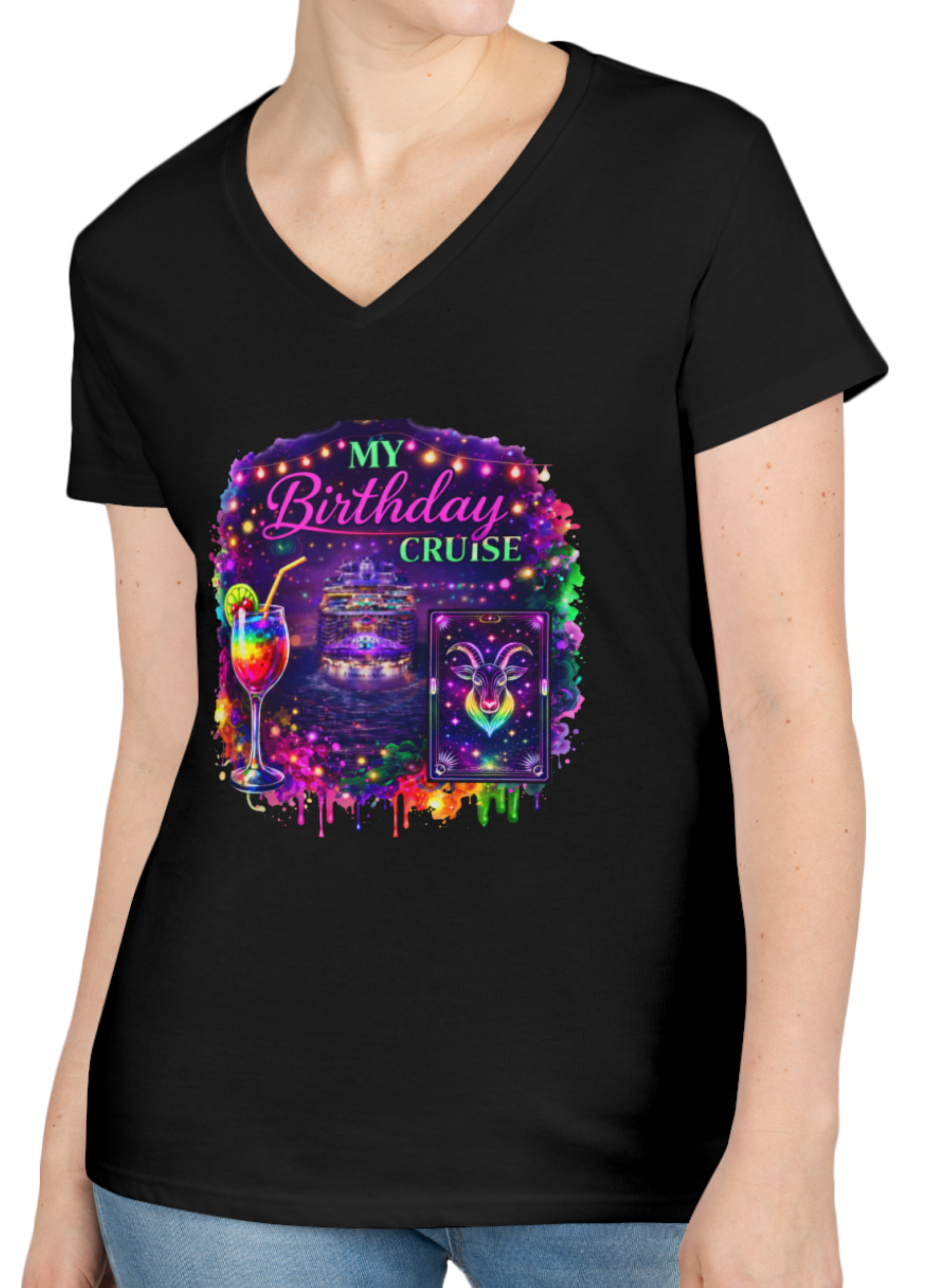 Birthday Cruise Ladies’ V-Neck Tee — Colorful Zodiac Capricorn Tarot Graphic | CarmaQuanTarot