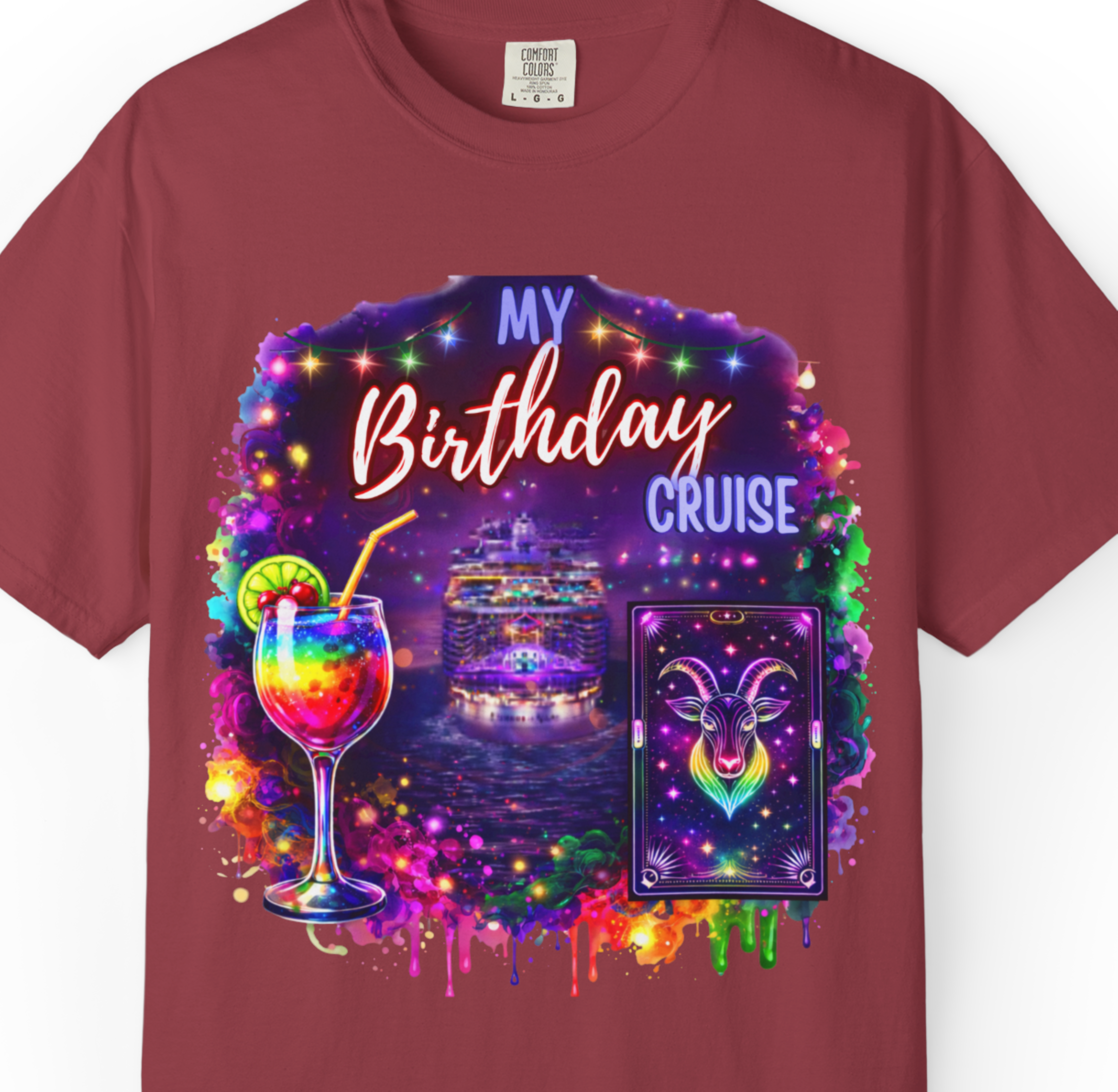 Birthday Cruise T-Shirt — Colorful Tropical Cocktail Vacation Tee (Custom Name Option)