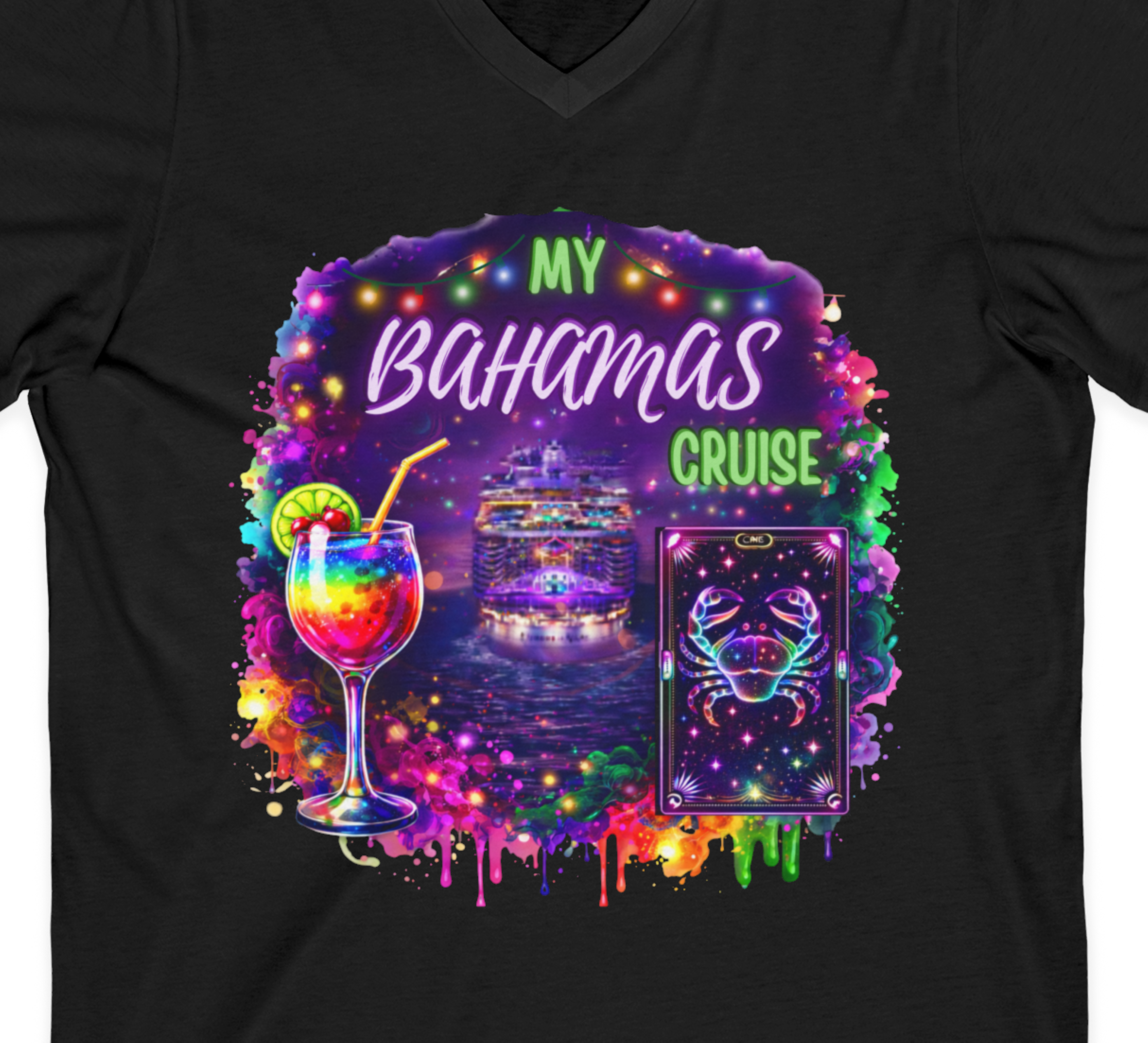Bahamas Cruise V-Neck T-Shirt — Neon Tropical Cocktail & Cancer Zodiac Design product thumbnail image Bahamas Cruise V-Neck T-Shirt — Neon Tropical Cocktail & Cancer Zodiac Design product thumbnail image