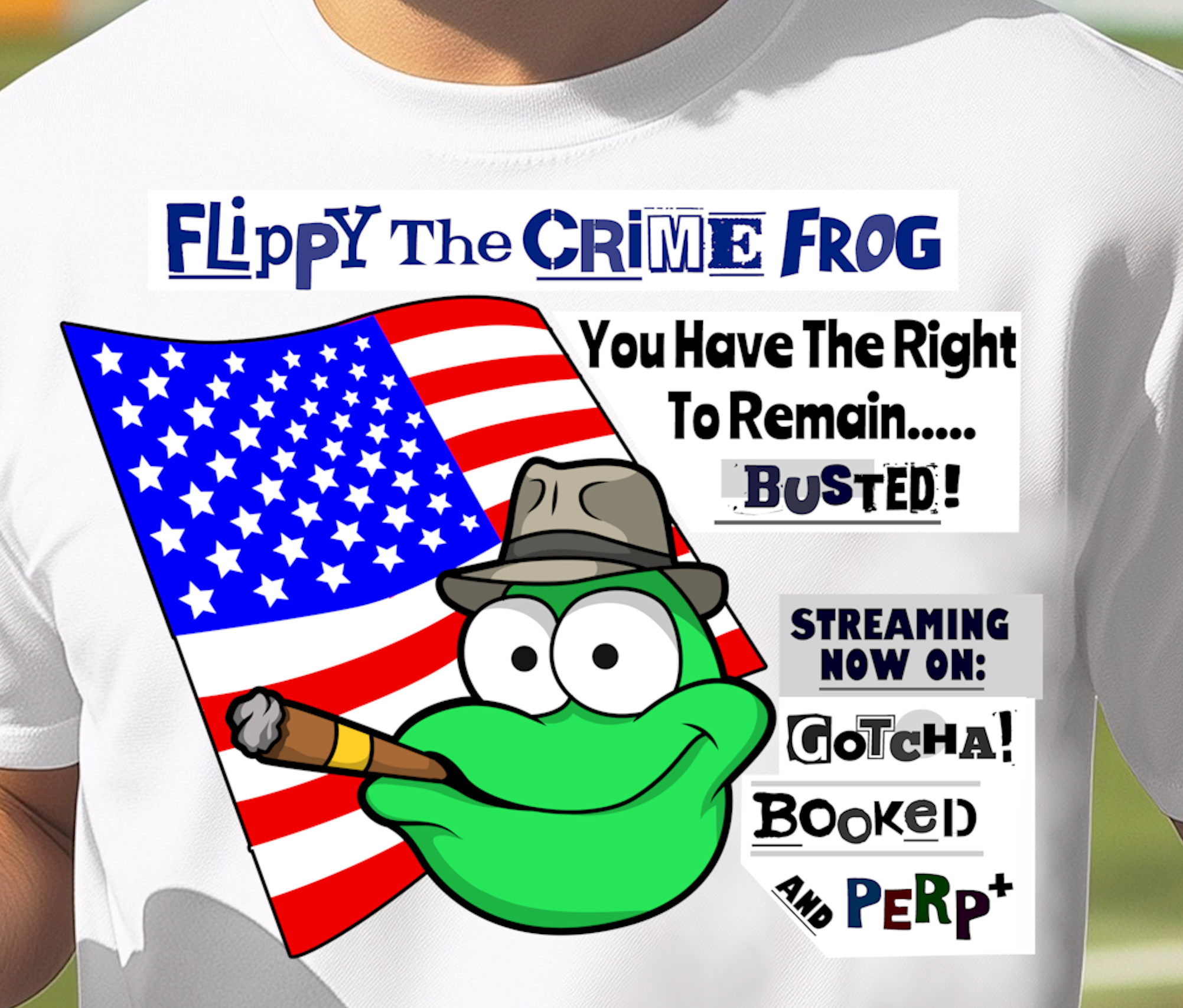 Flippy The Crime Frog -You Have the Right to Remain..Busted!  - Heavy Cotton Tee, Funny Tee Shirts, Cute Tee Shirts, Silly Tee Shirts, Frog product thumbnail image