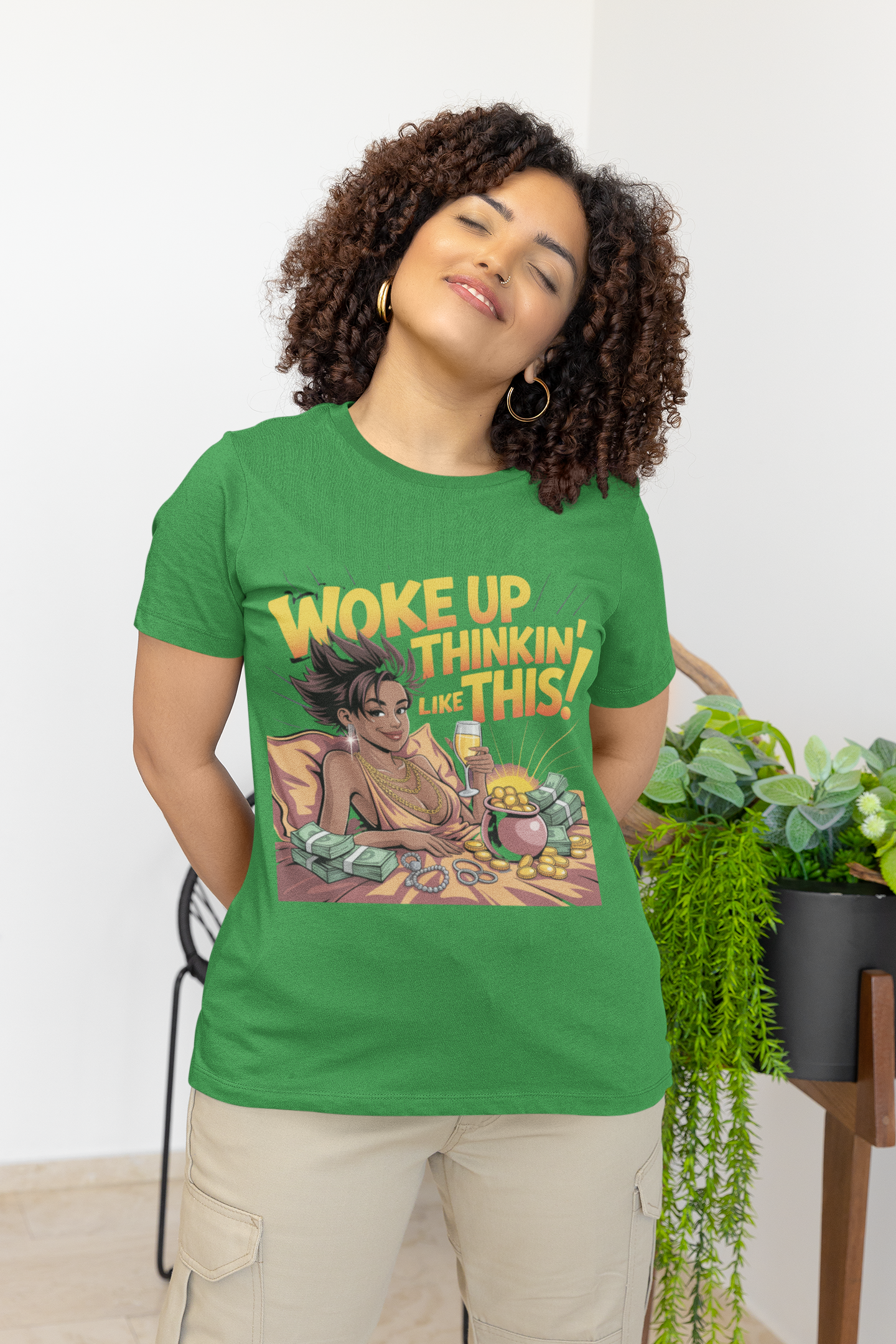 b. (female) Woke Up Thinkin' Like This Tee — Chill Wealthy Vibe Graphic T-Shirt