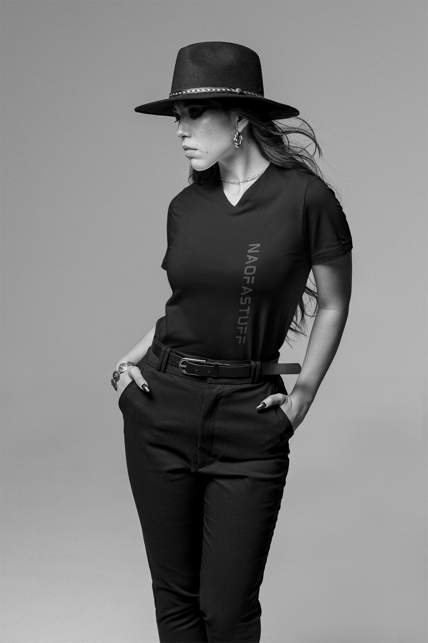 Women's Deep V-Neck Tee — Vertical 'NAOFASTUFF' Minimal Graphic product thumbnail image