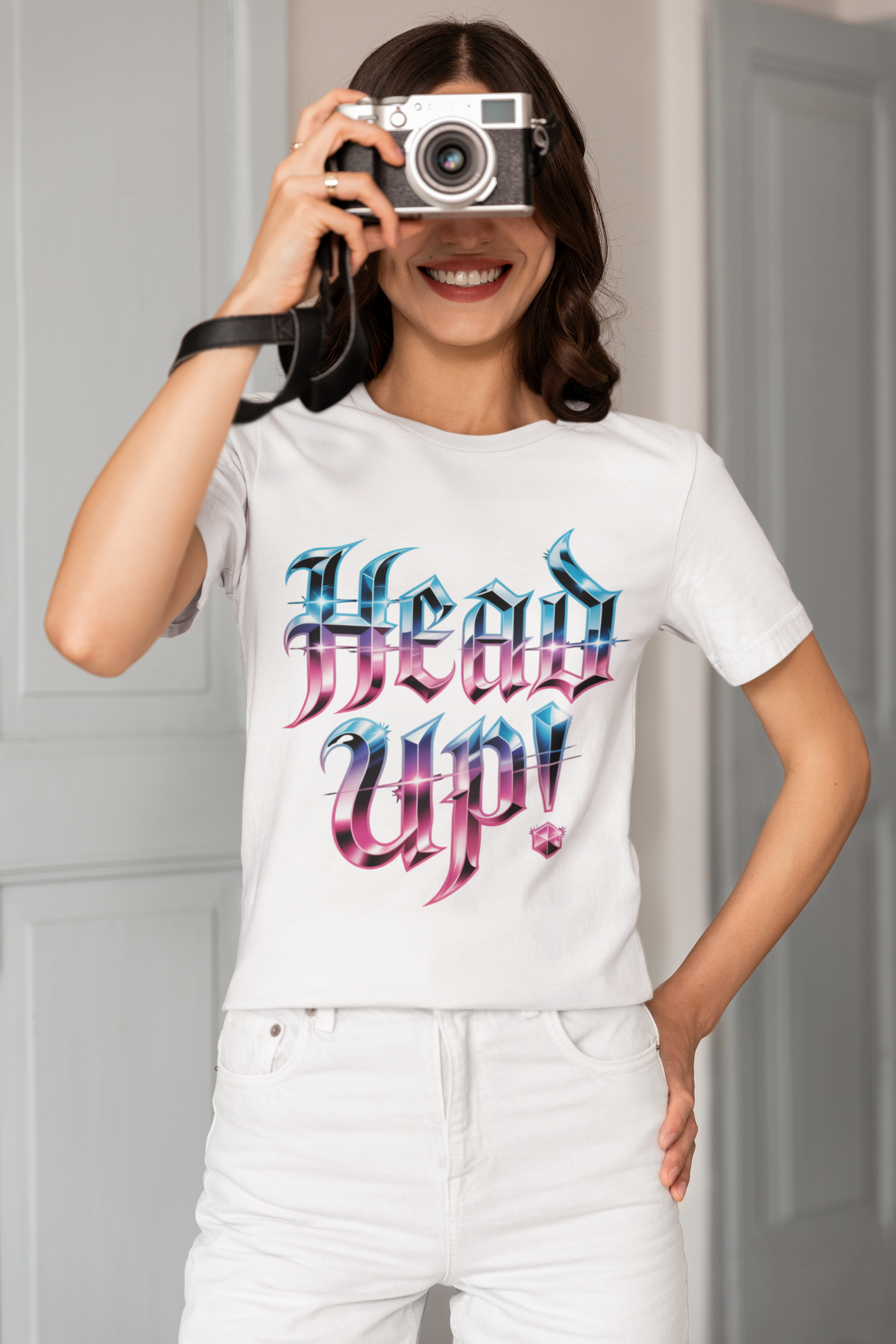 Head Up! Graphic Tee — Bold Gothic Text Front with Feather Handback Design product thumbnail image