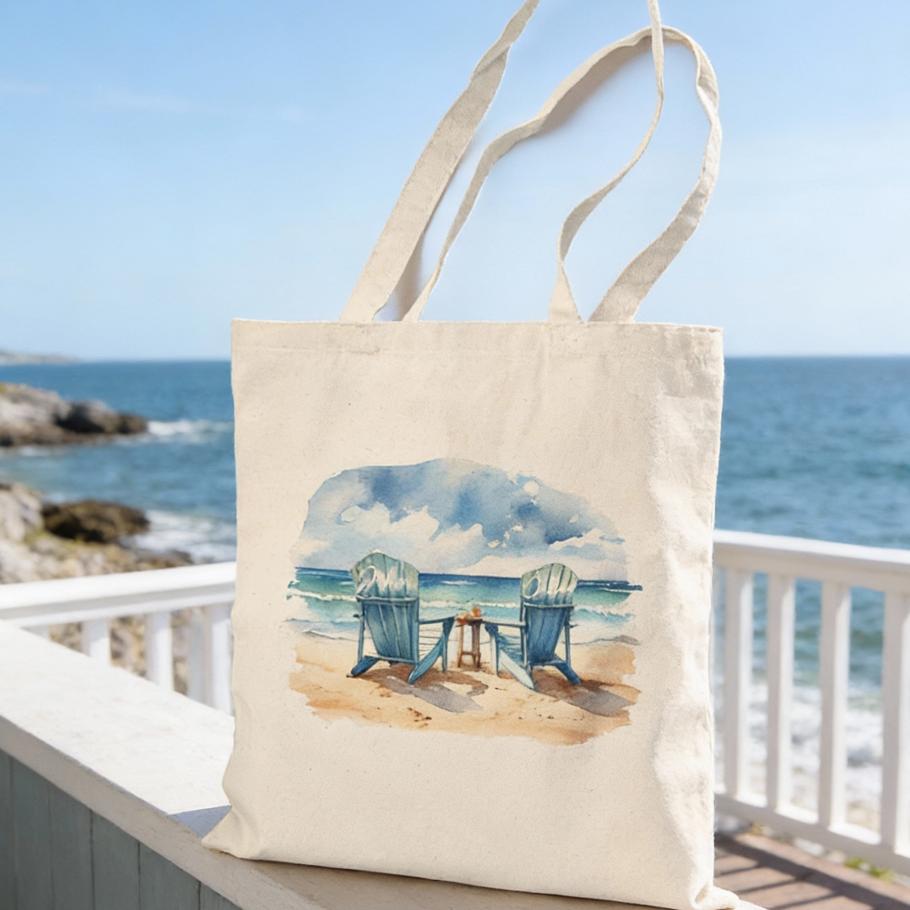Personalized Beach Tote Bag for Couples, Valentines Day Gift, Custom Name Coastal Tote, Romantic Ocean Chair Bag, Anniversary Gift product thumbnail image